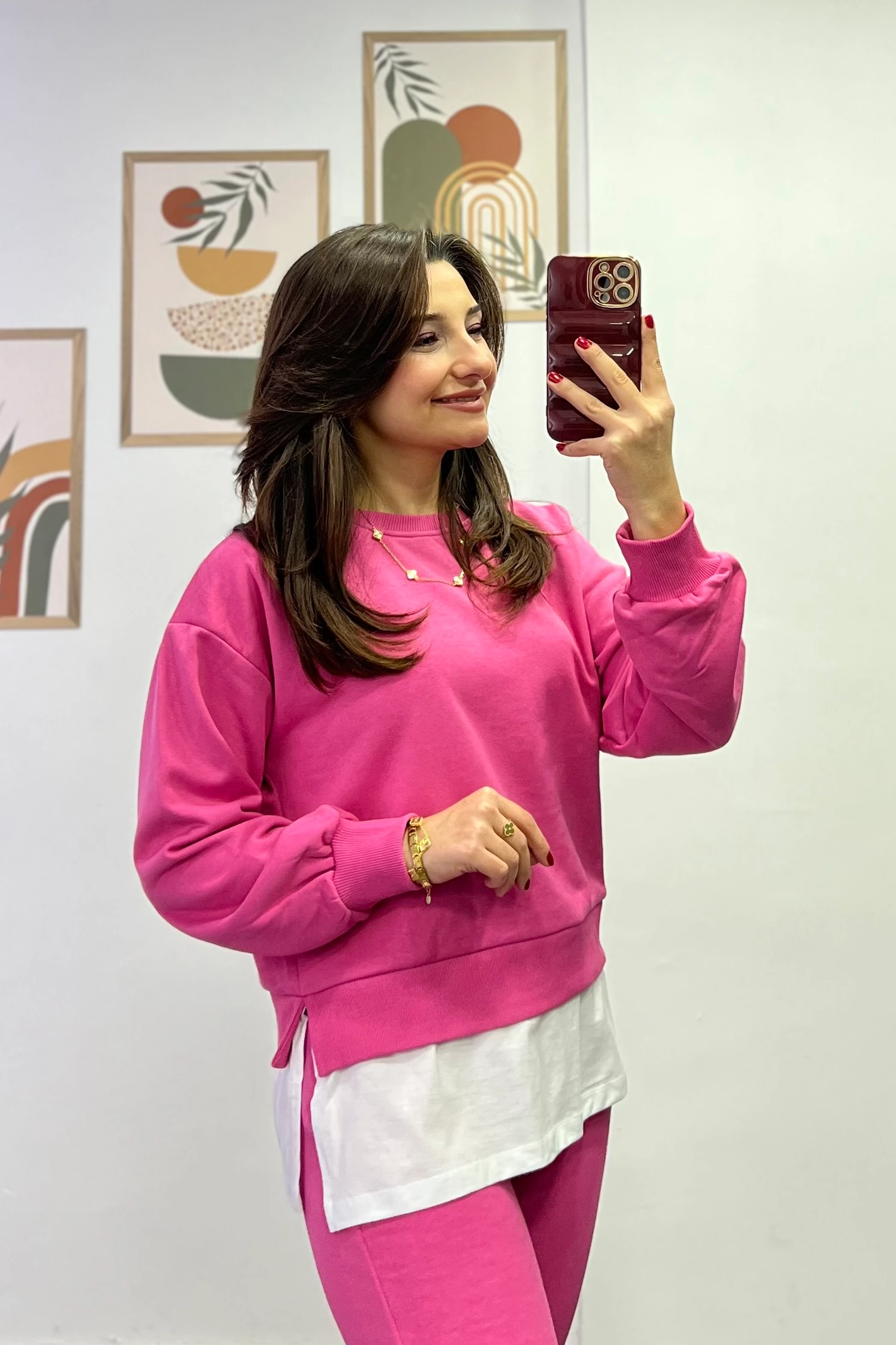 Alt Bel Kısmı Tshırt Detaylı Pantolon Beli Lastikli Ve Cepli Eşofman Takımı - PEMBE