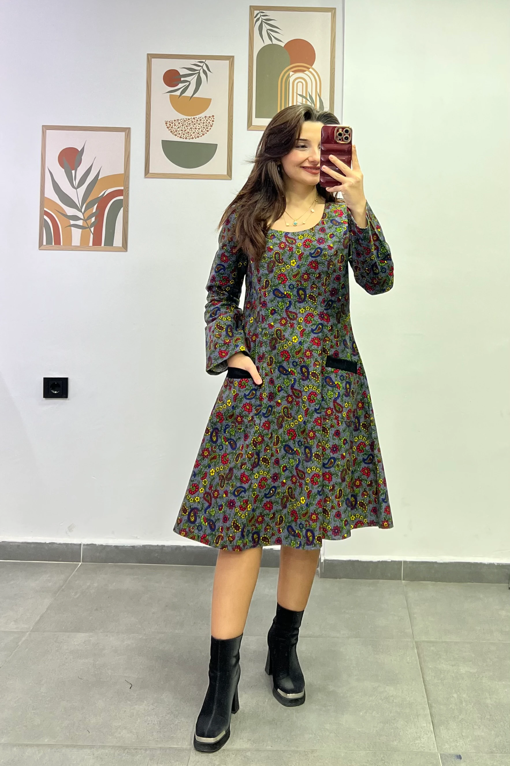 Oval Yaka Yanları Cep Detaylı Pazen Kumaş Çan Ebise - ANTRASIT