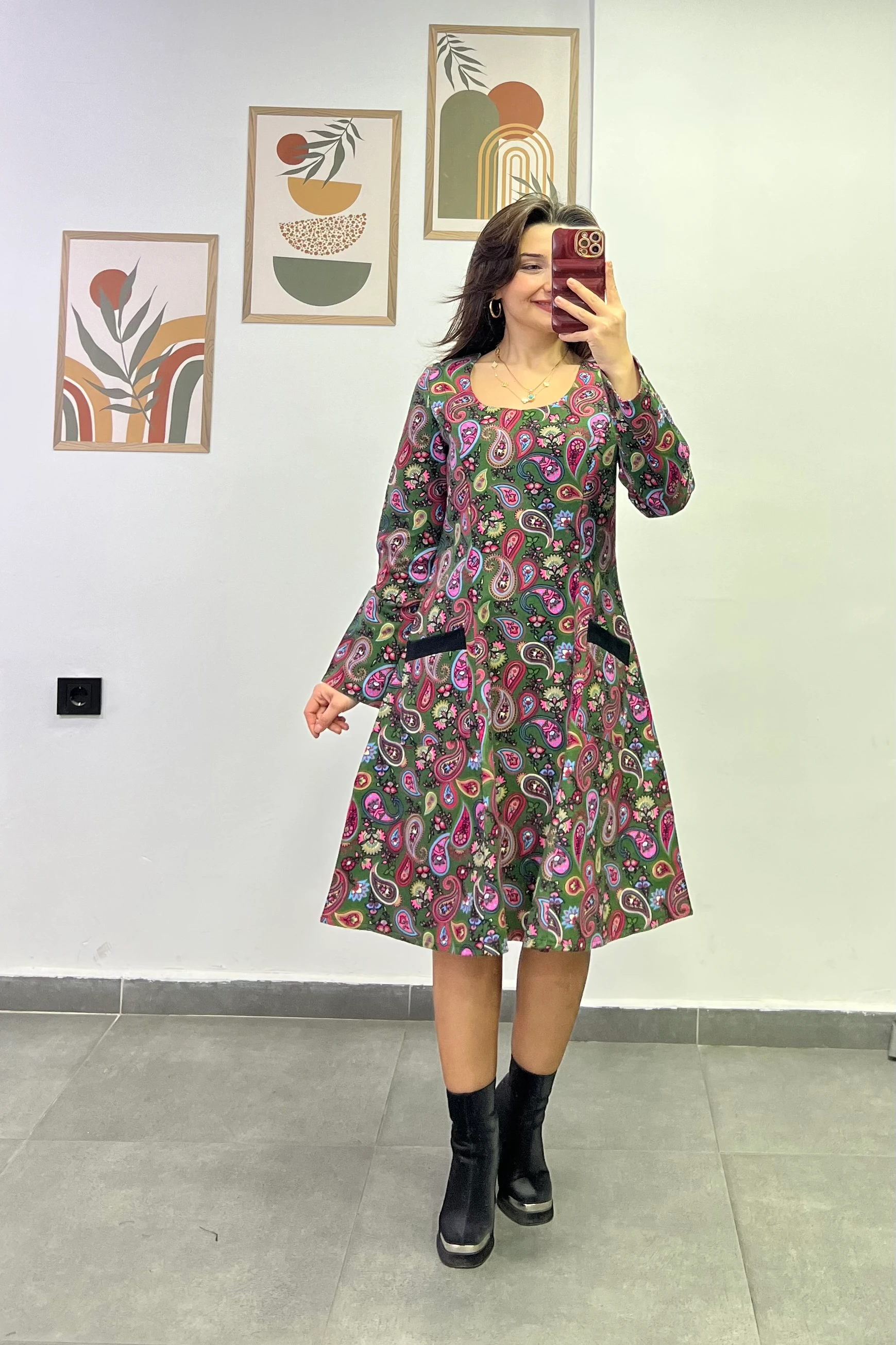 Oval Yaka Yanları Cep Detaylı Pazen Kumaş Çan Ebise - PEMBE HAKİ