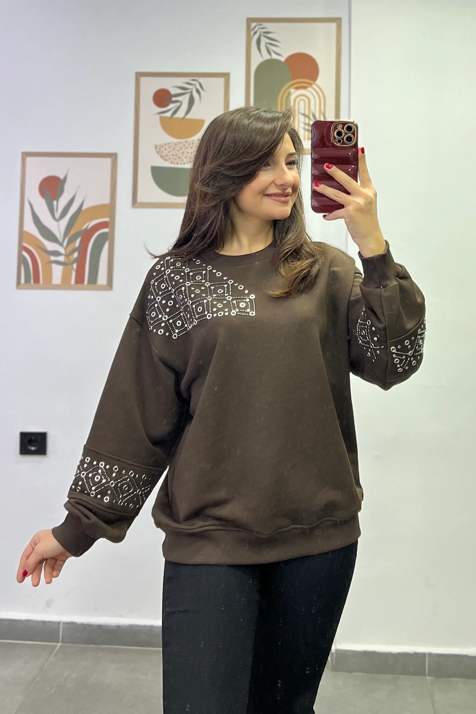 Tek Omuzu Ve Kolları Zımba Ve Boncuk Detaylı İki İplik Sweatshırt