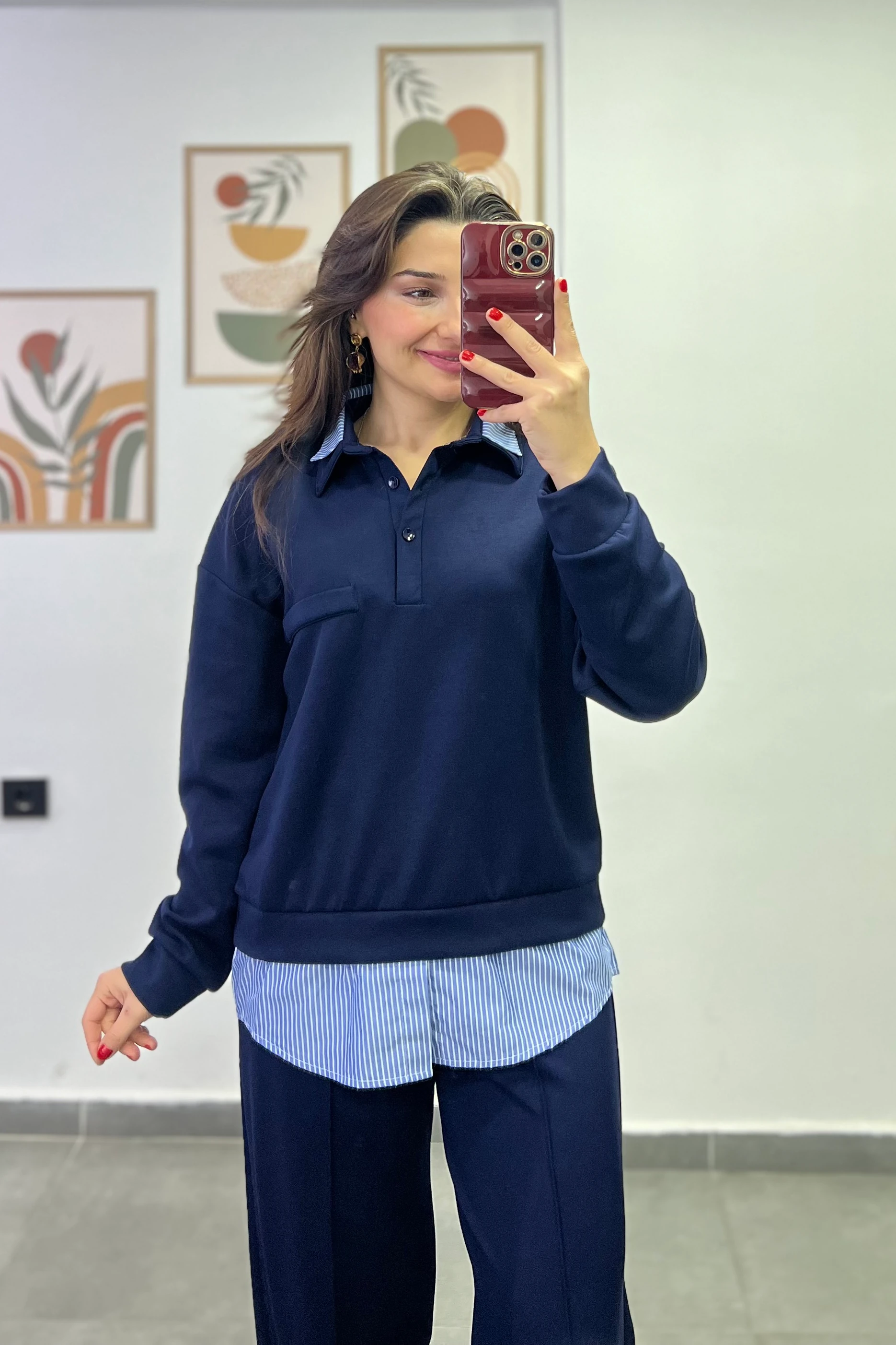 Polo Yaka Yakası Ve Bel Kısmı Gömlek Detaylı Pantolonu Cepli Ve Çima Dikişli Eşofman Takımı - LACIVERT