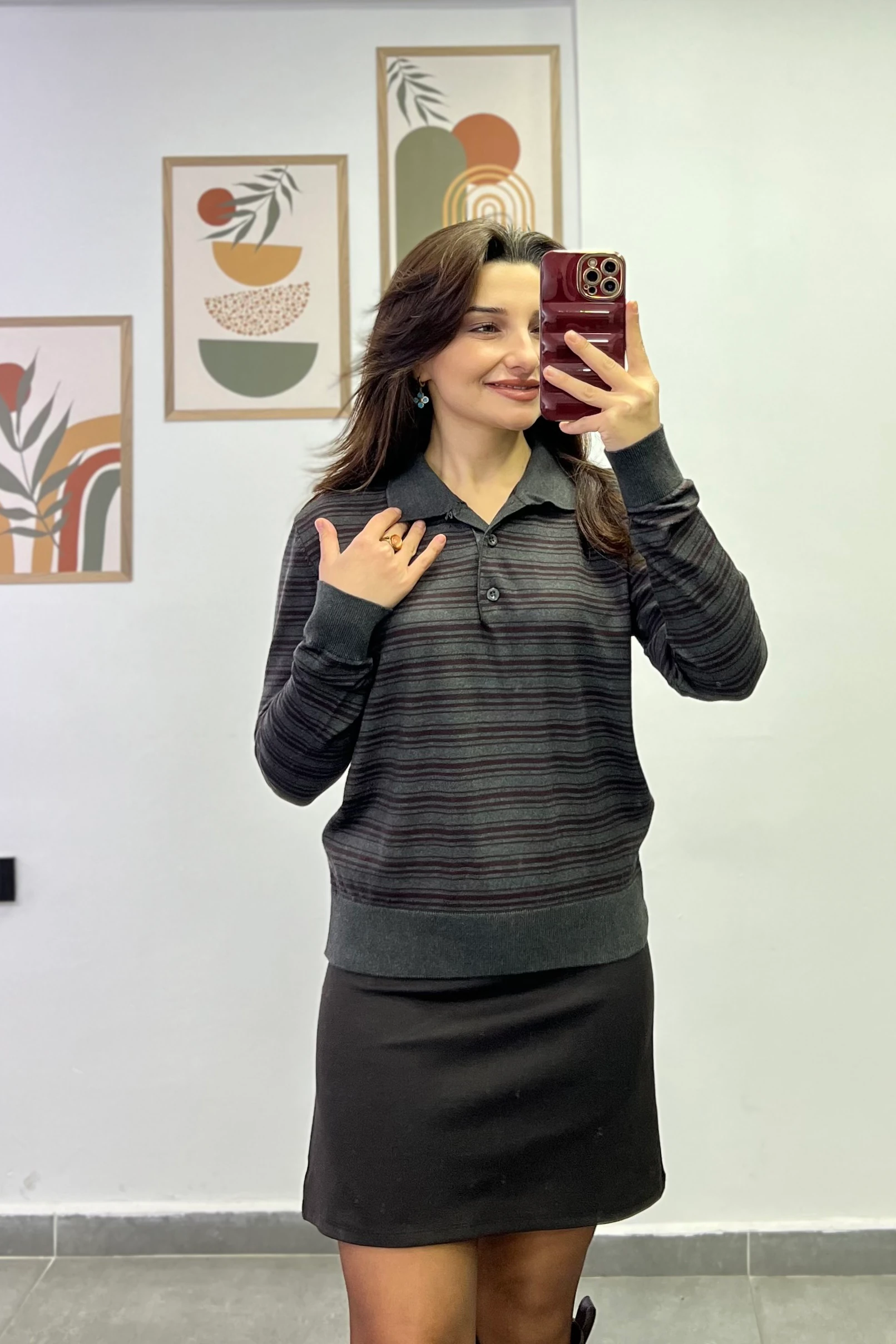 Polo Yaka Düğme Detaylı Çizgili Triko - KAHVERENGİ