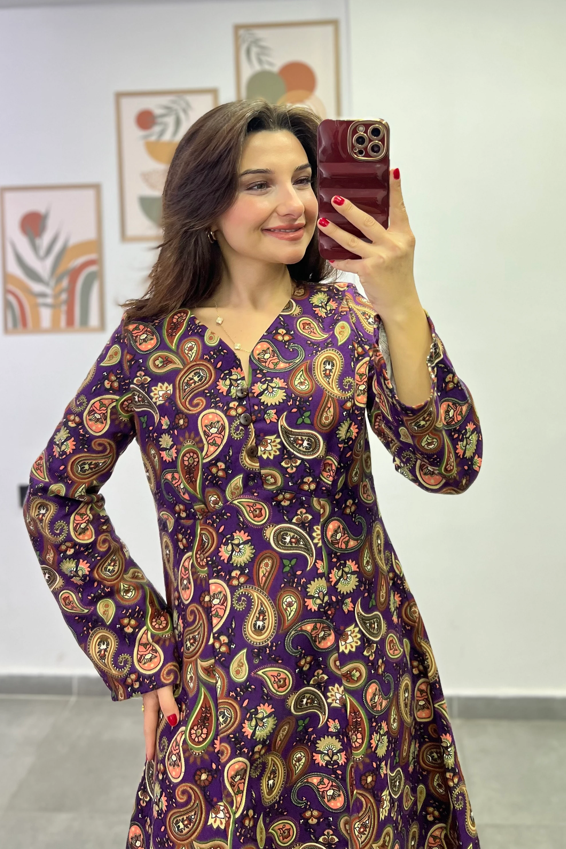 Damla Yaka Düğme Detaylı Pazen  Kumaş Çan Elbise - MOR