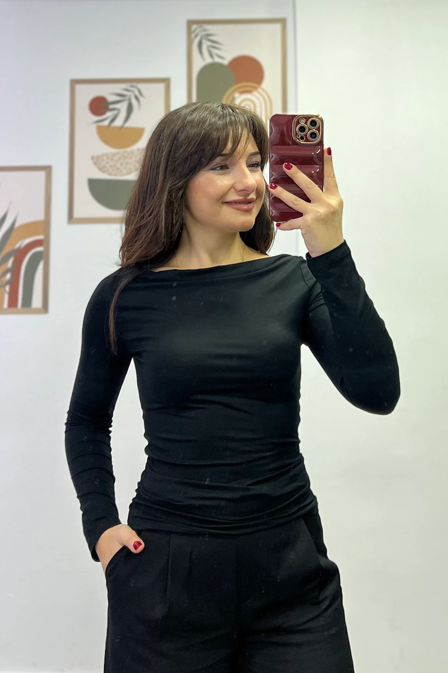 Kayık Yaka Yanları Drapeli Uzun Kollu Bluz - Siyah