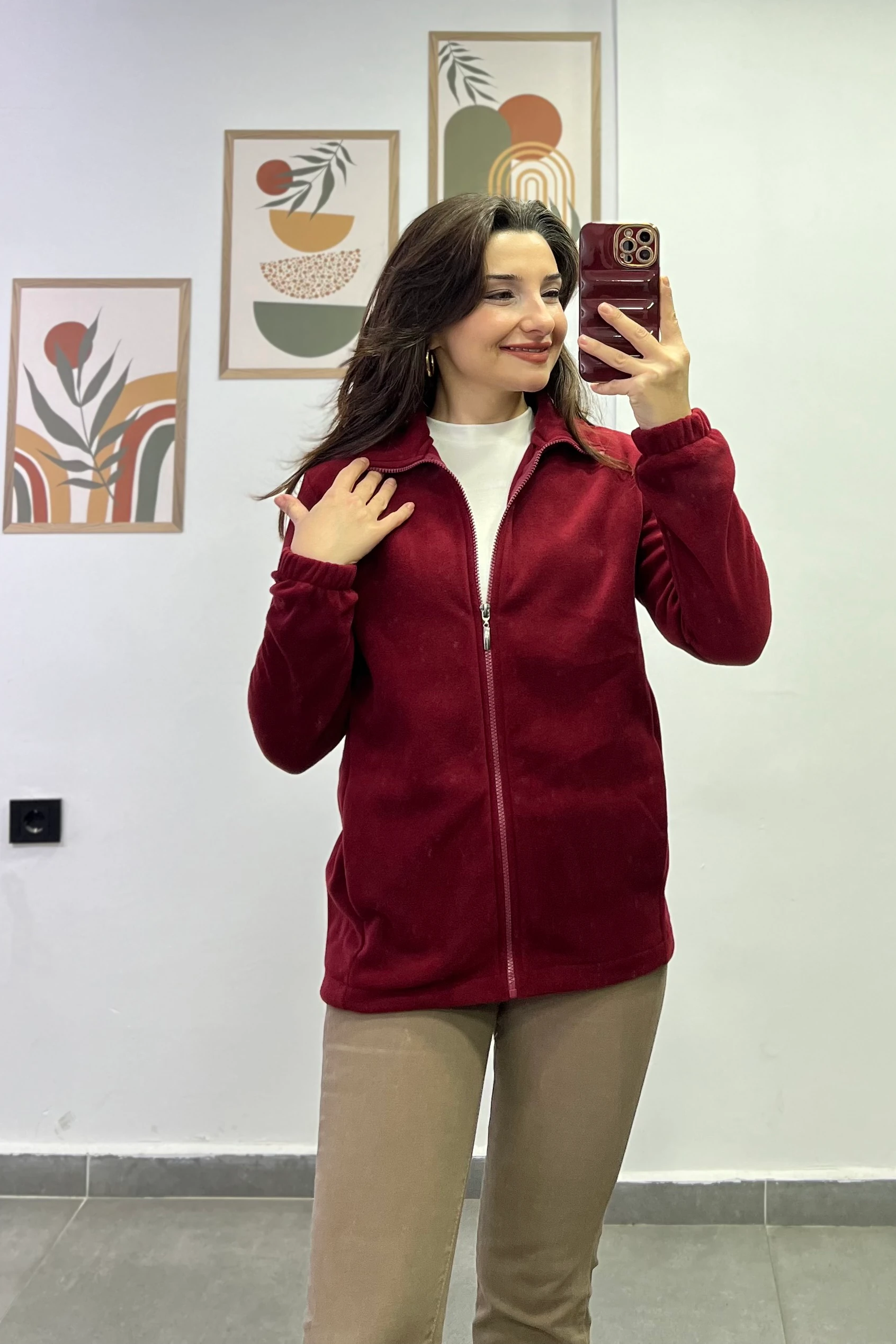 Kol Manşetleri Lastikli Fermuar Detaylı Cepli Polar Ceket - BORDO