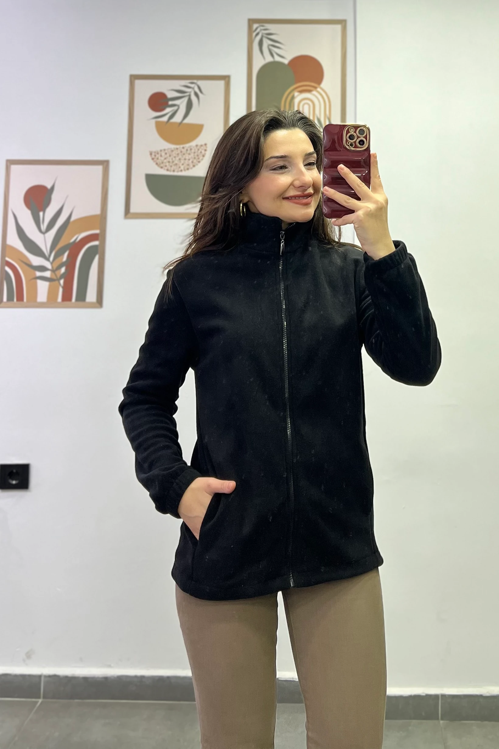 Kol Manşetleri Lastikli Fermuar Detaylı Cepli Polar Ceket - Siyah