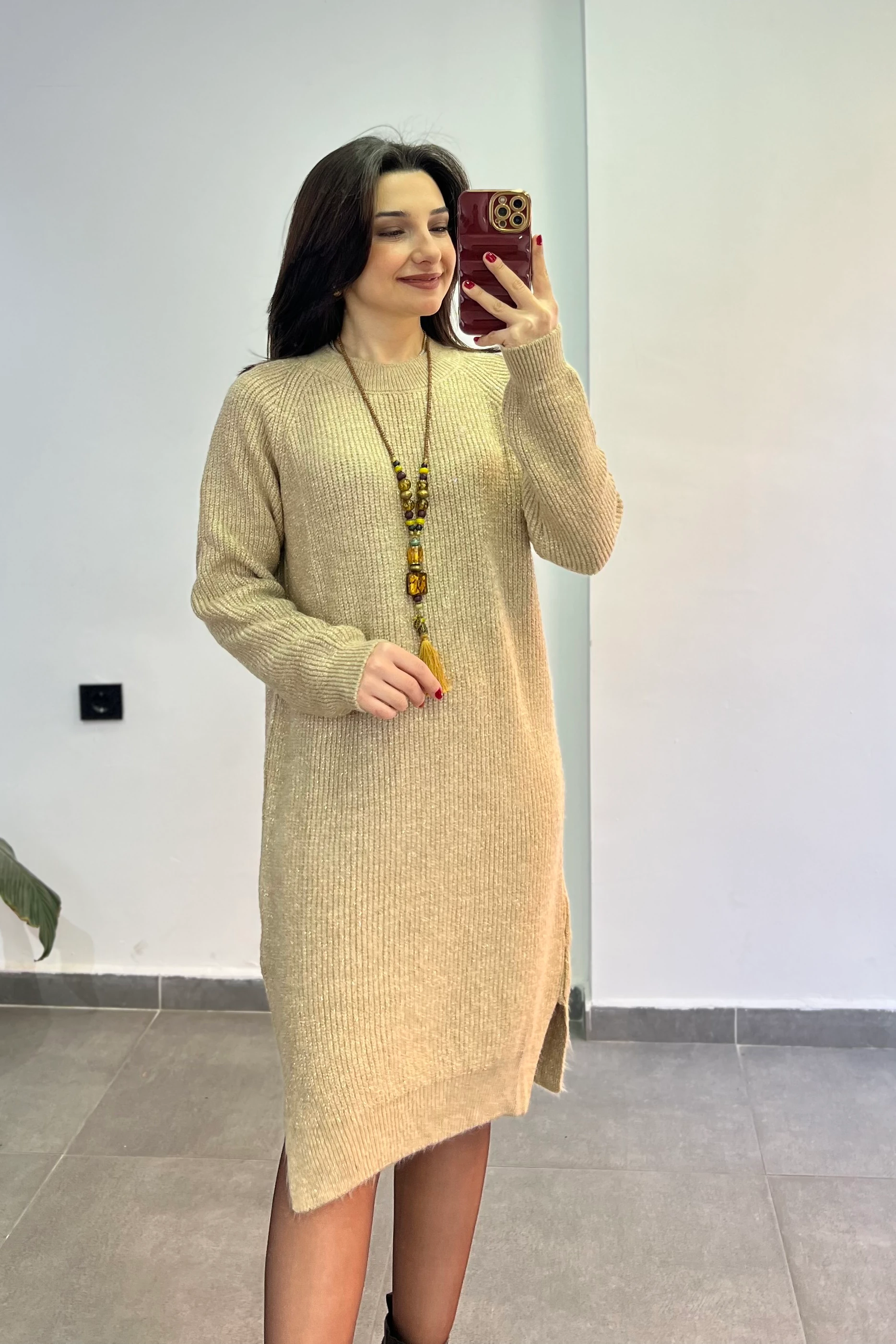 Bisiklet Yaka Simli Örme Elbise