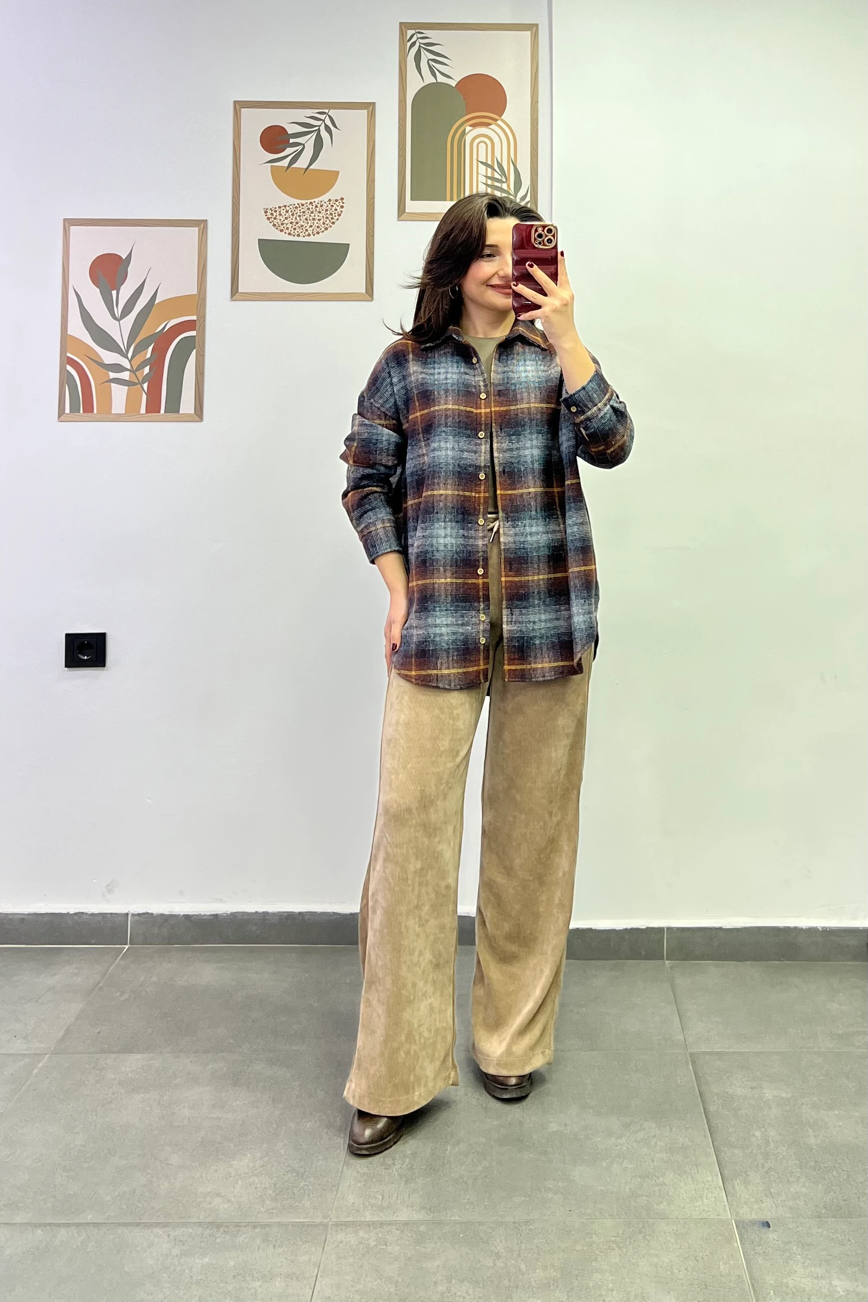 Ekoseli Önü Kısa Arkası Uzun Oduncu Gömlek - KAHVERENGİ