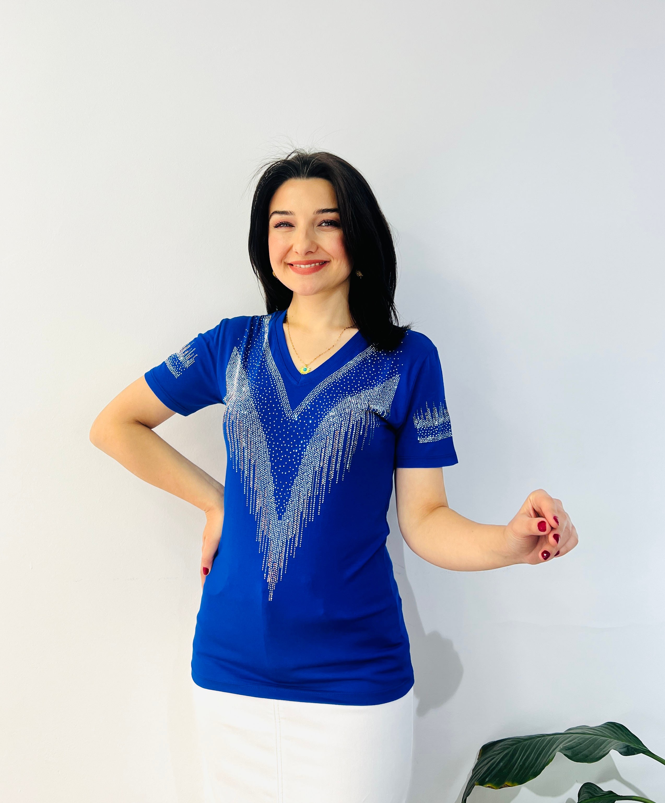 Saks Mavisi Taşlı Penye Bluz
