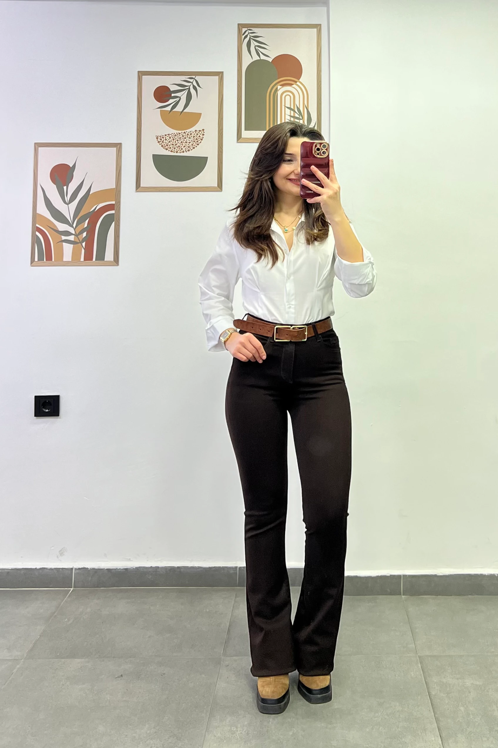 Yüksek Bel İspanyol Paça Kahverengi Pantolon - KAHVERENGİ