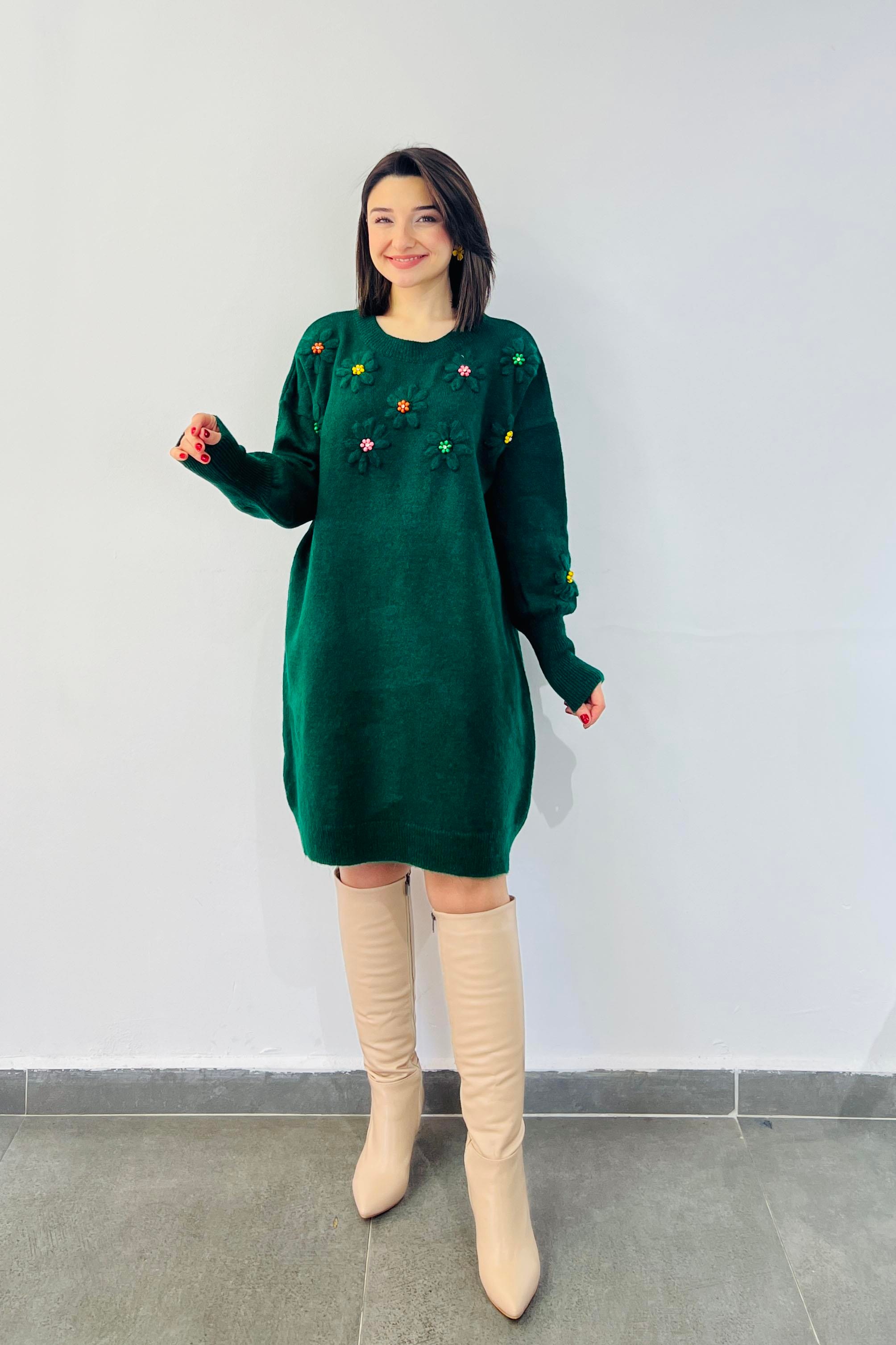 Çiçek İşlemeli Tunik Elbise Yeşil