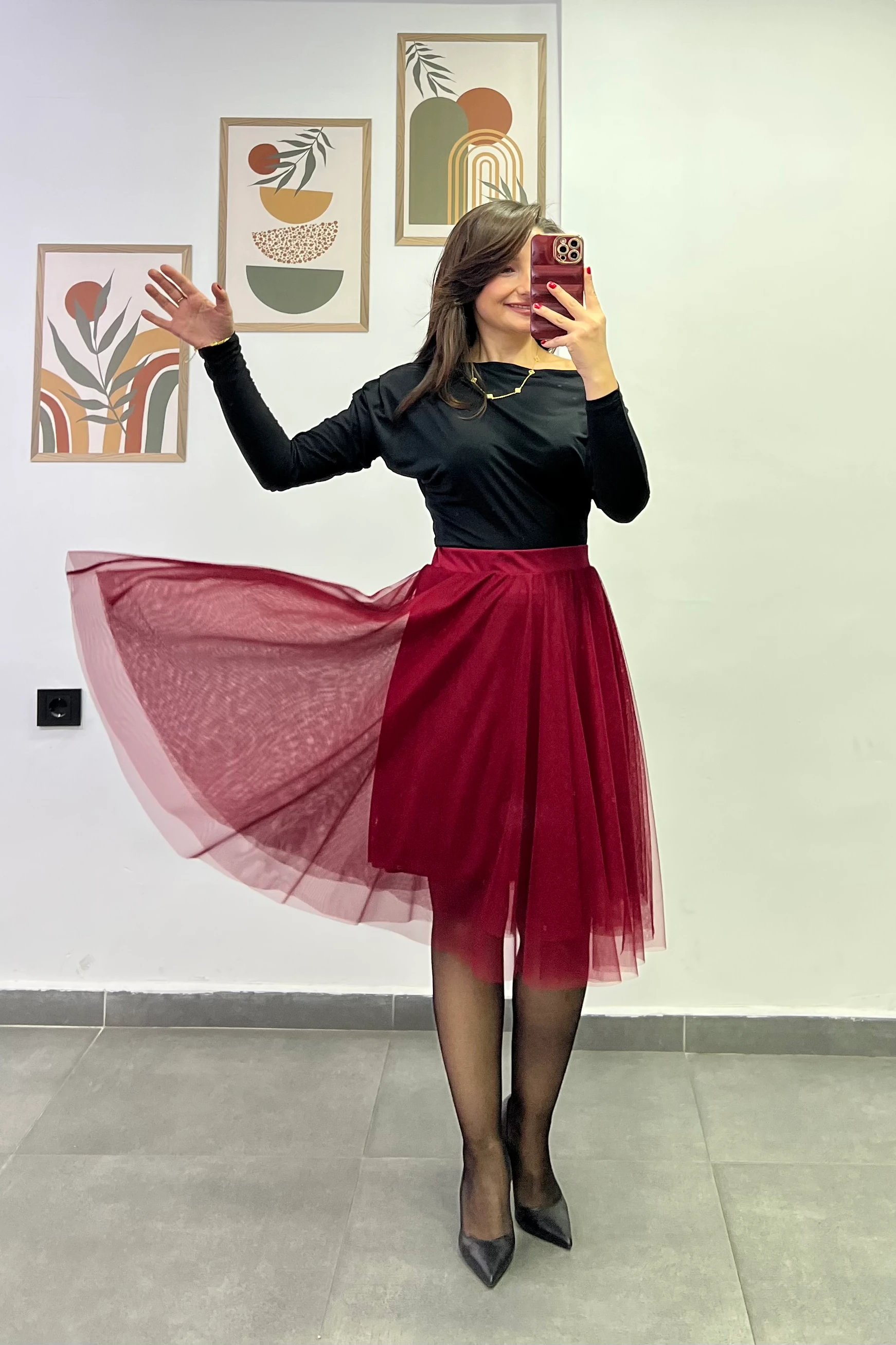 İçi Astarlı Tül Etek - BORDO