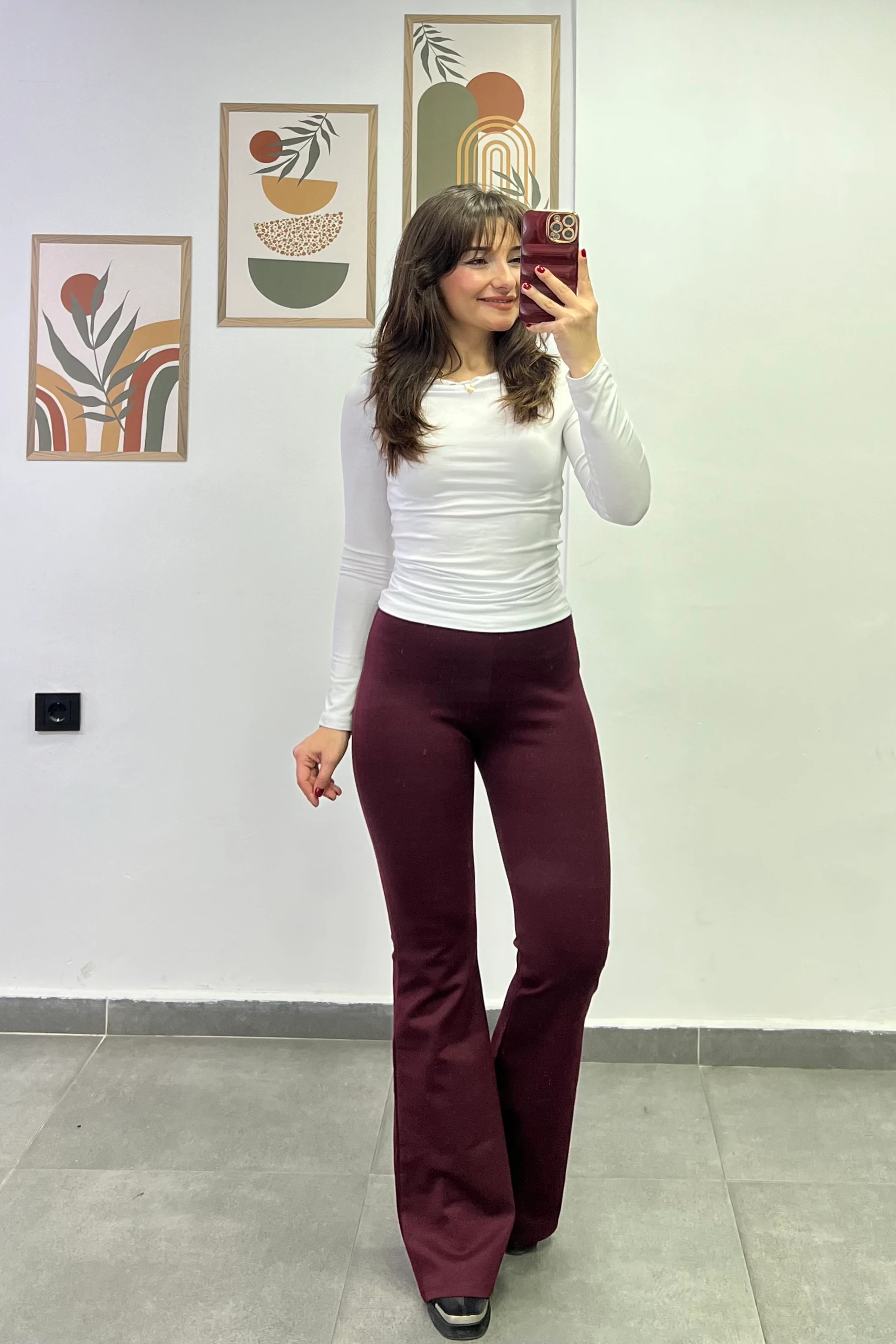 Yüksek Bel Çelik Örme İspanyol Paça  Tayt Pantolon - BORDO