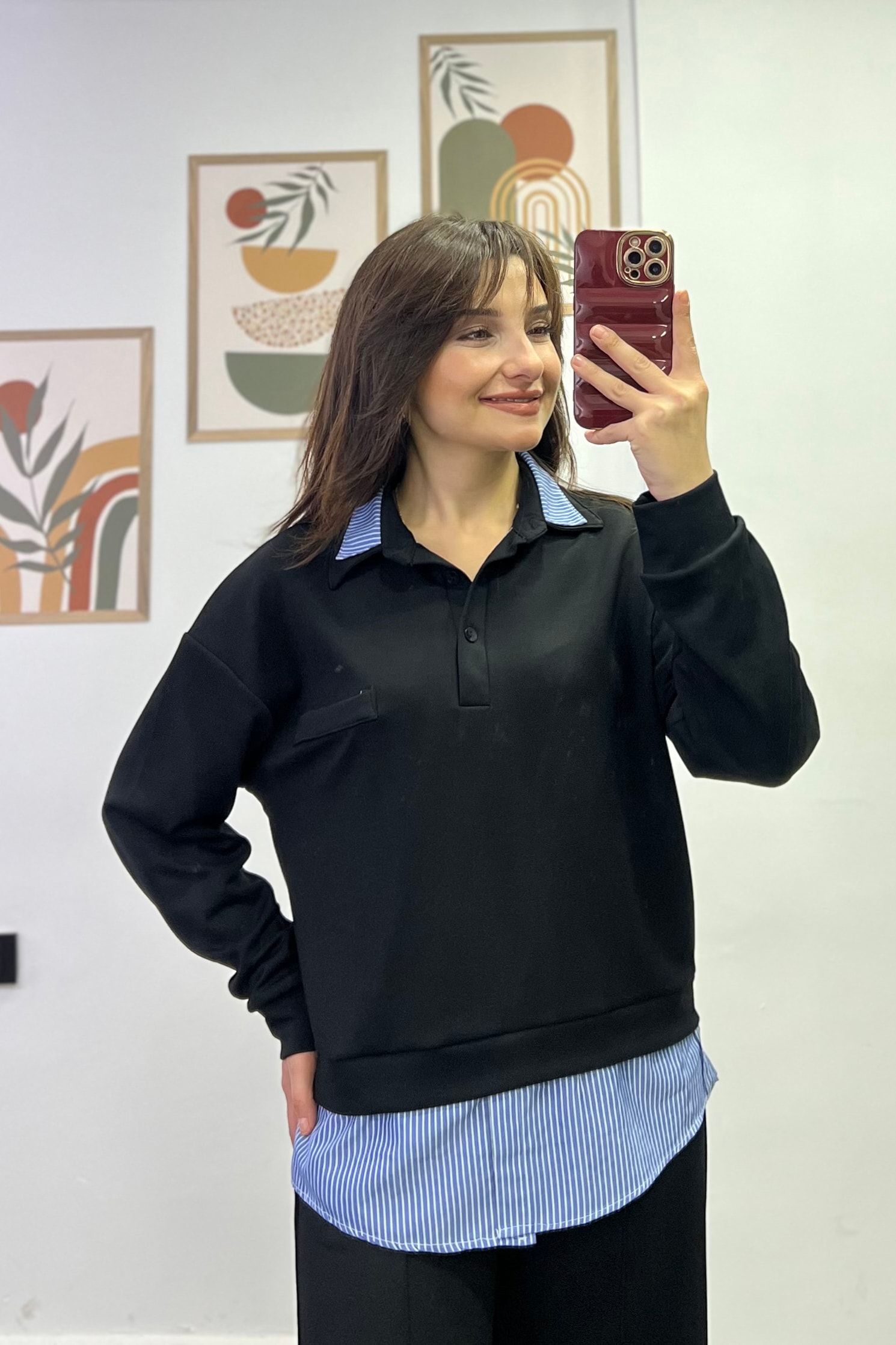 Polo Yaka Yakası Ve Bel Kısmı Gömlek Detaylı Pantolonu Cepli Ve Çima Dikişli Eşofman Takımı