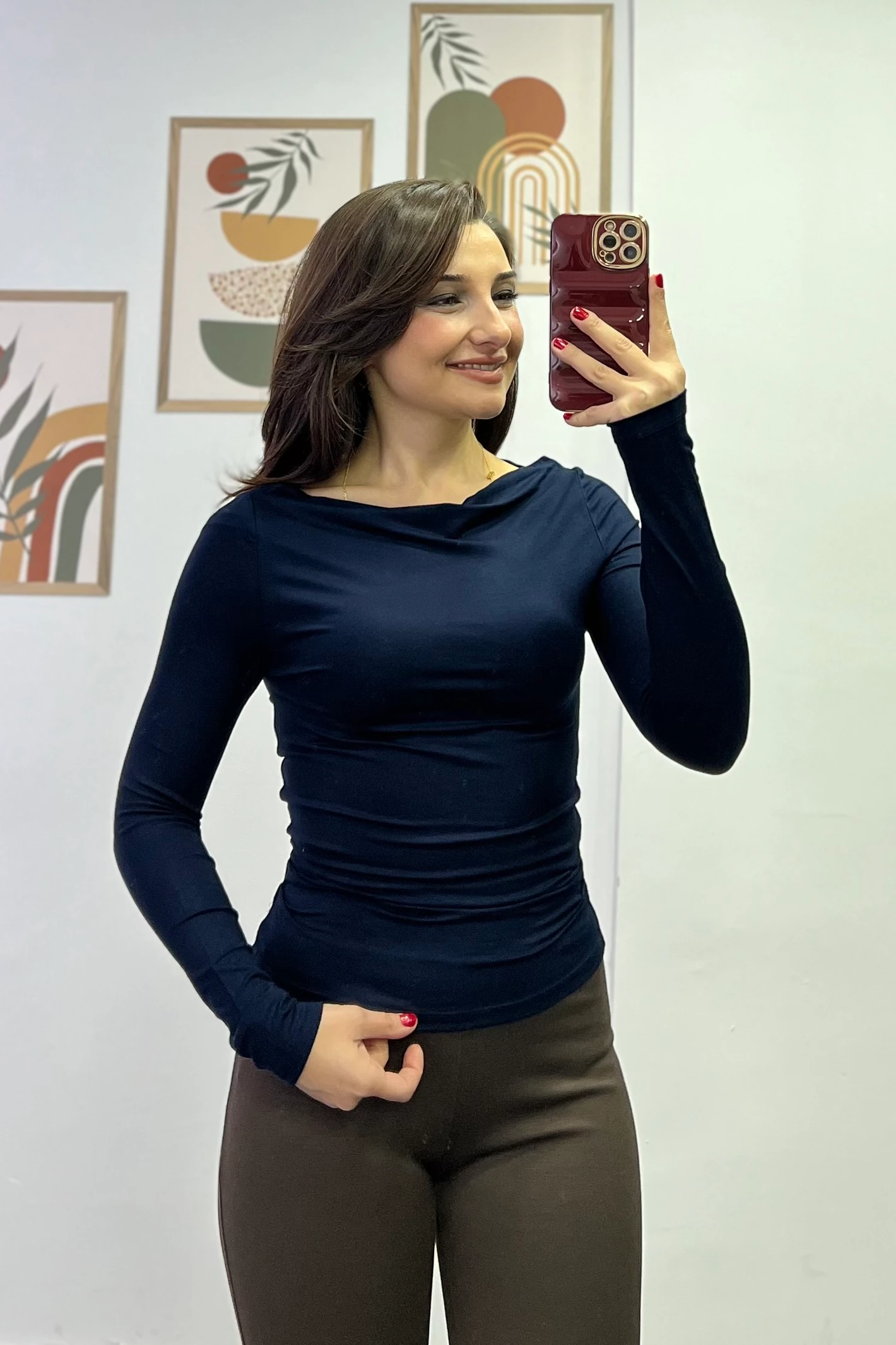 Kayık Yaka Yanları Drapeli Uzun Kollu Bluz - LACİVERT