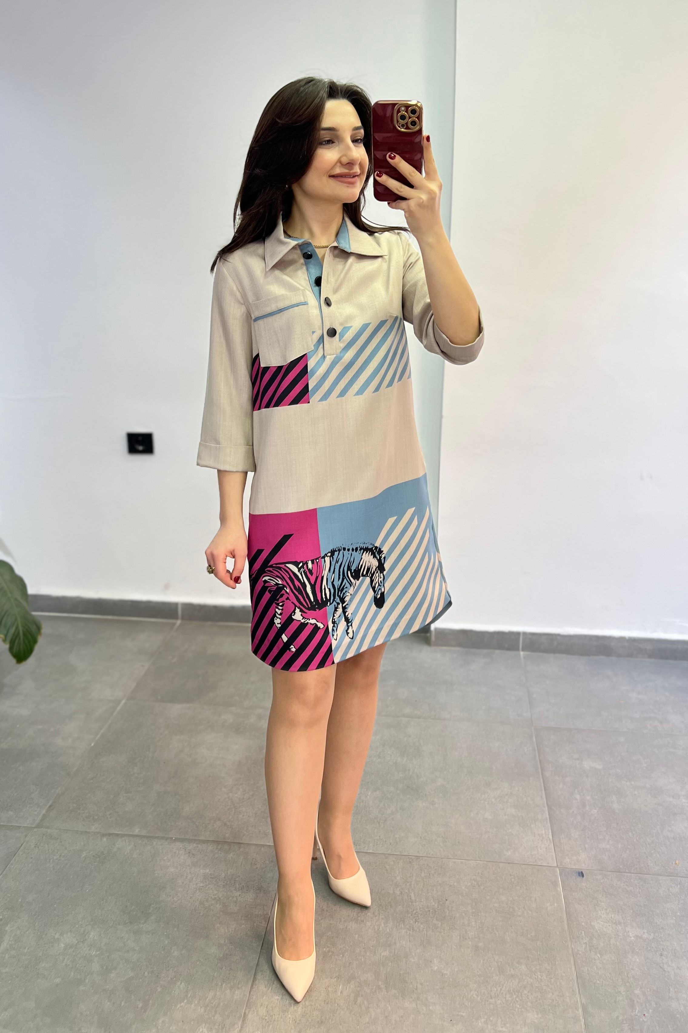 Polo Yaka Çizgili Şerit Zebra Desenli Tek Posta Cep Truvakar Kol Elbise