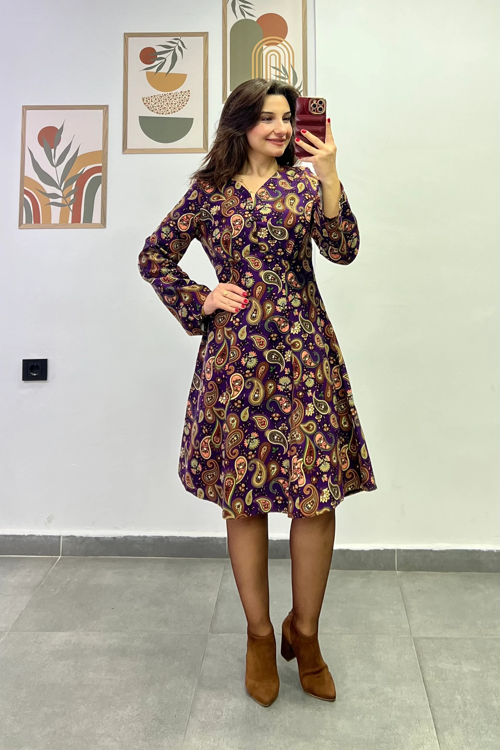 Damla Yaka Düğme Detaylı Pazen  Kumaş Çan Elbise - MOR