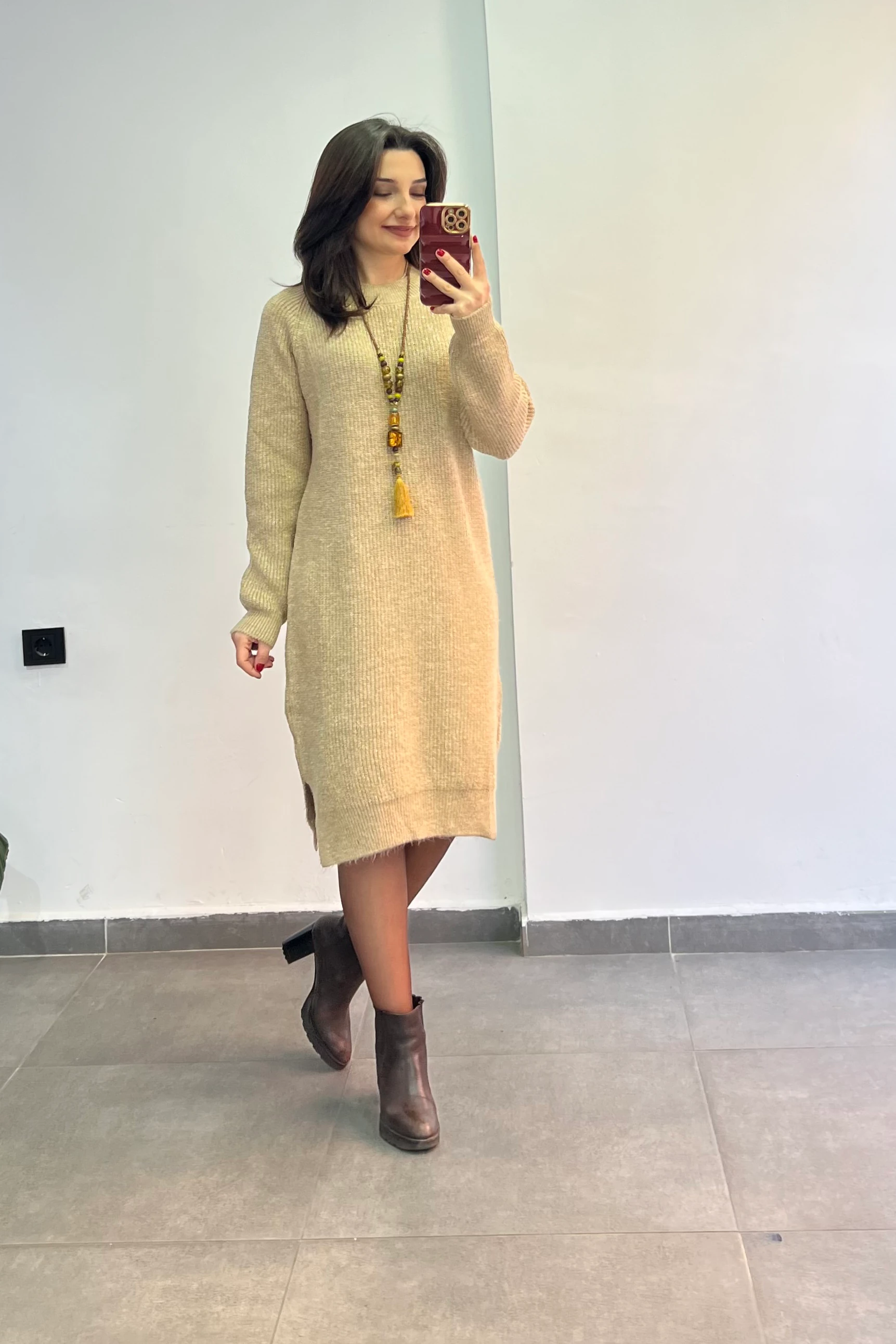 Bisiklet Yaka Simli Örme Elbise