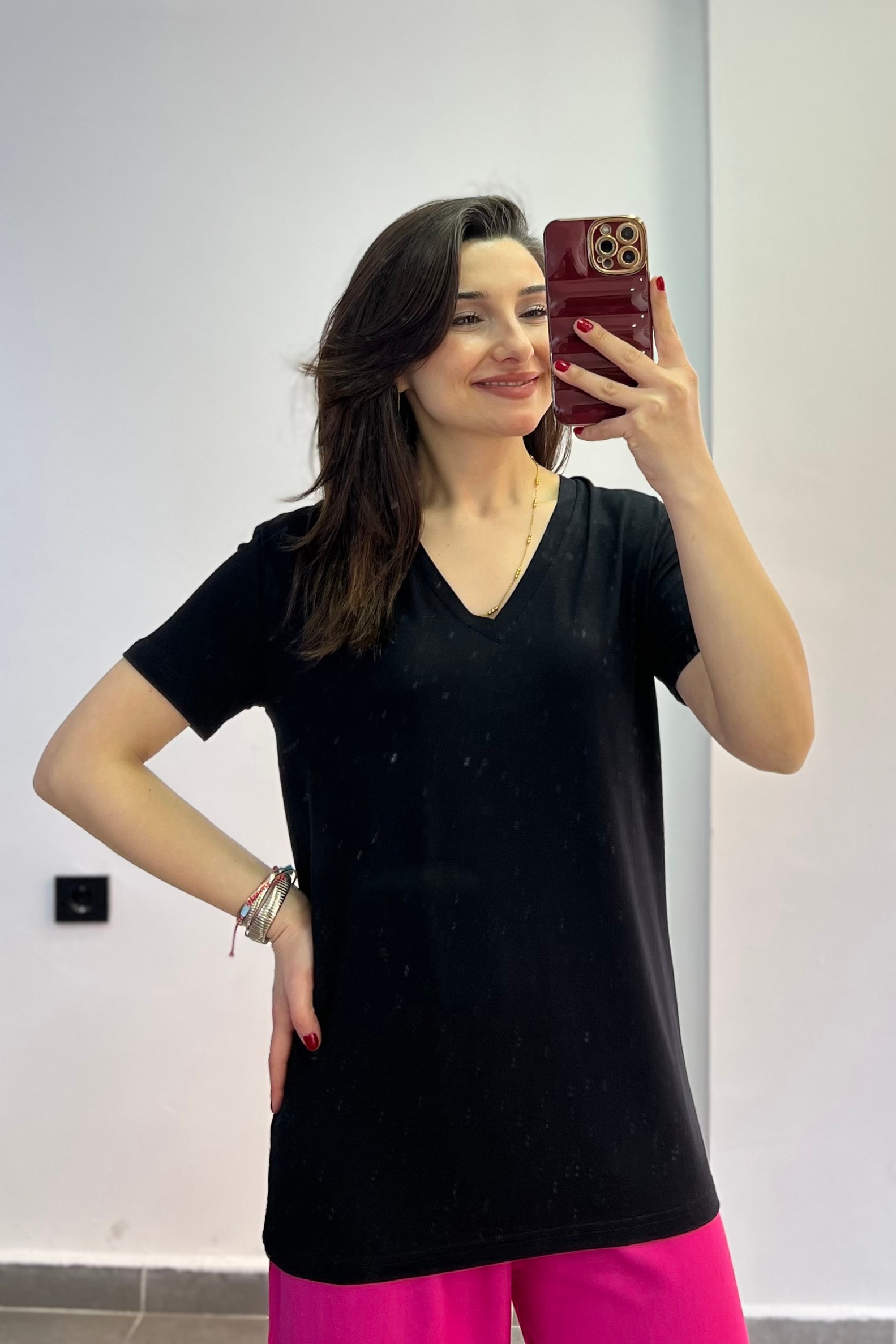 V Yaka Dökümlü Tshirt - Siyah
