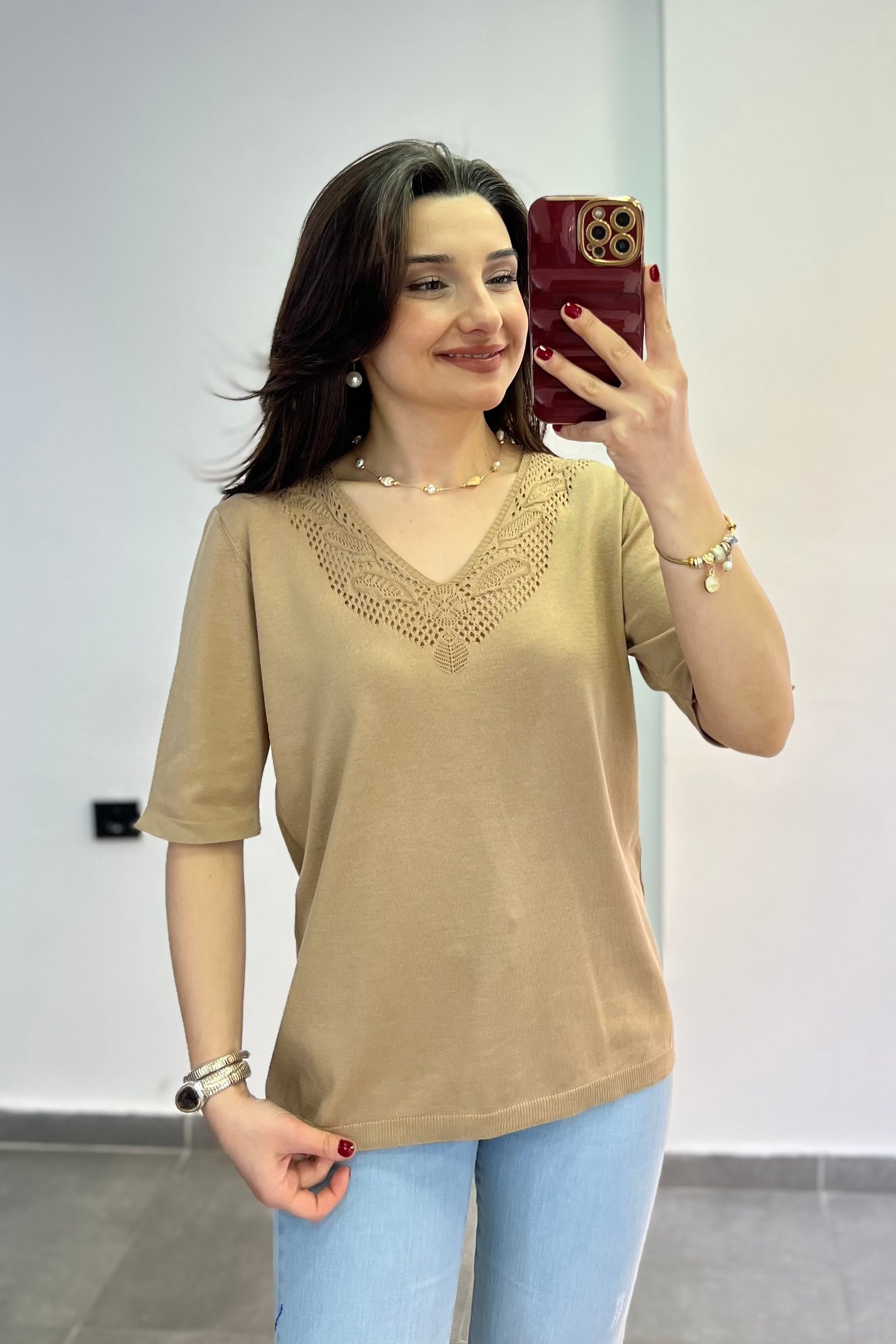Yakası Ve Sırtı Örmeli Kısa Kollu Triko - VİZON