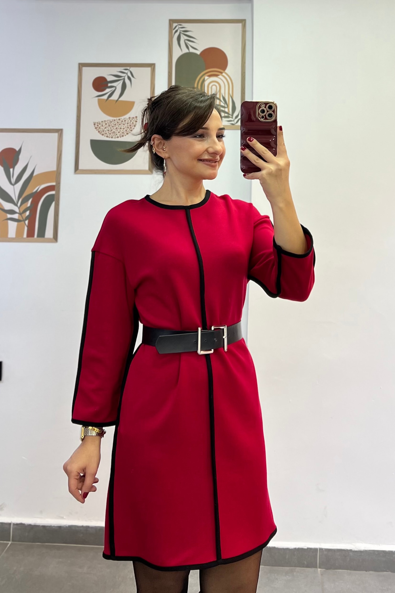 Siyah Biyeli Kemer Detaylı Truvakar Kol  Elbise