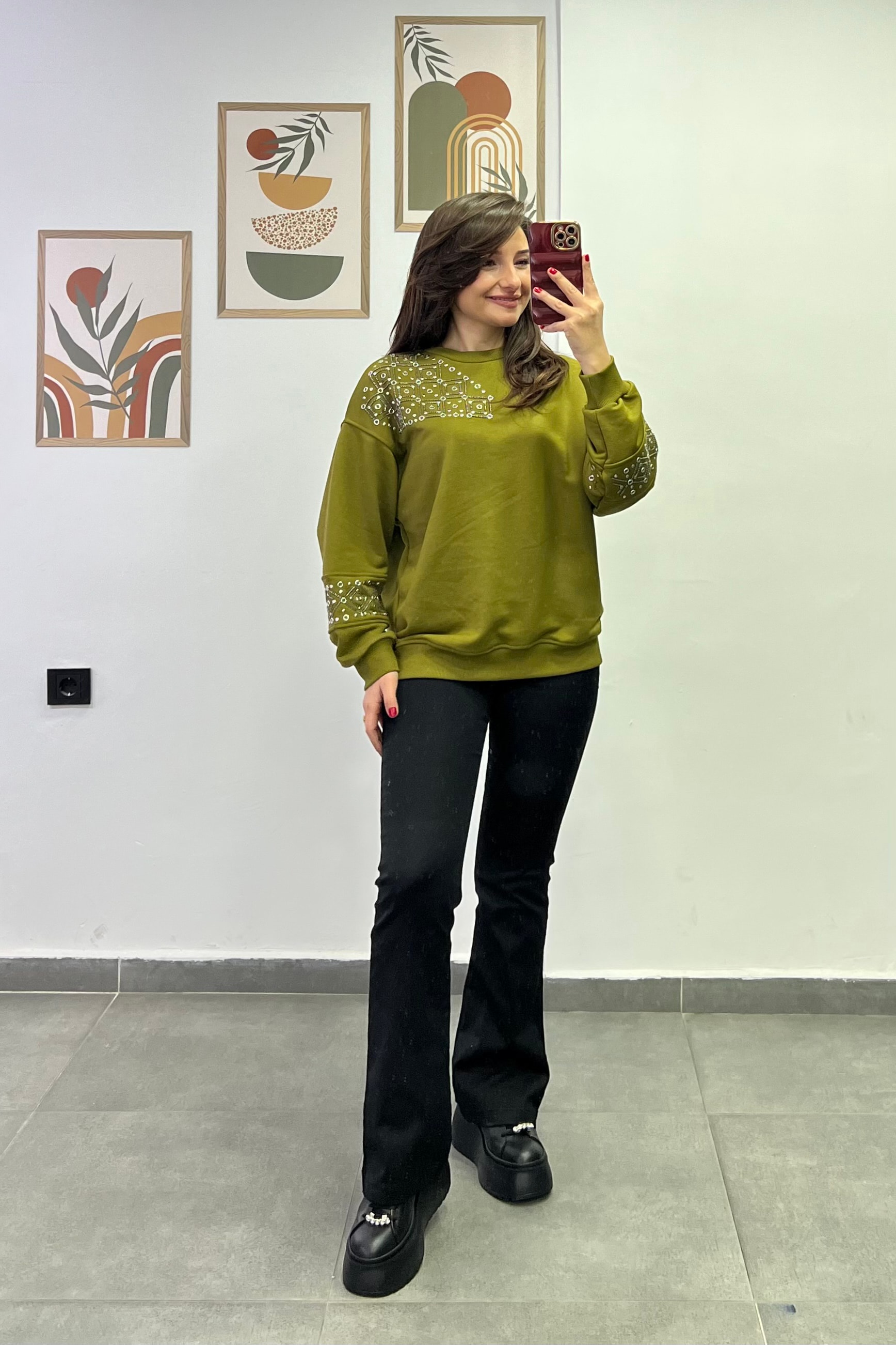 Tek Omuzu Ve Kolları Zımba Ve Boncuk Detaylı İki İplik Sweatshırt