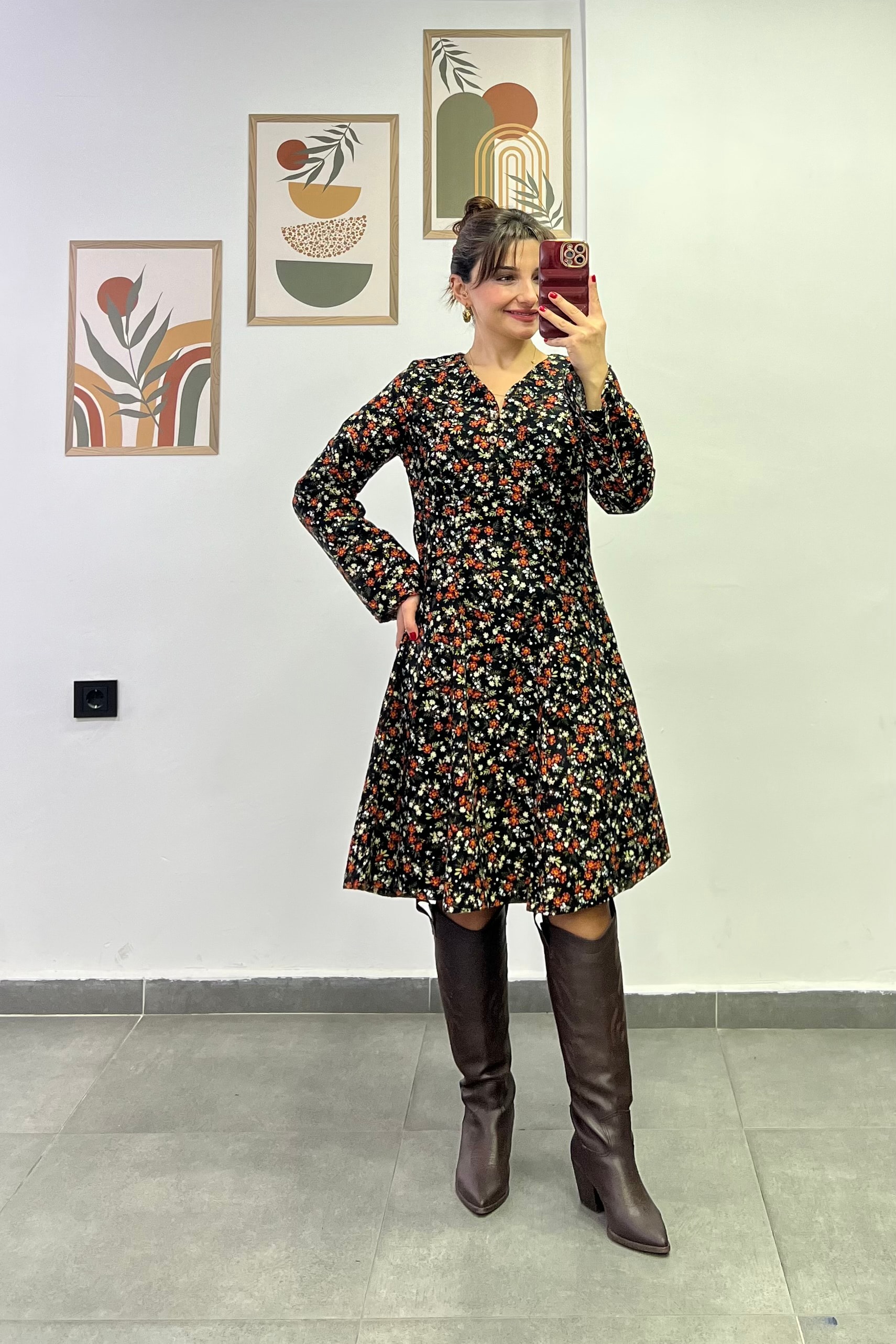 Damla Yaka Düğme Detaylı Pazen  Kumaş Çan Elbise