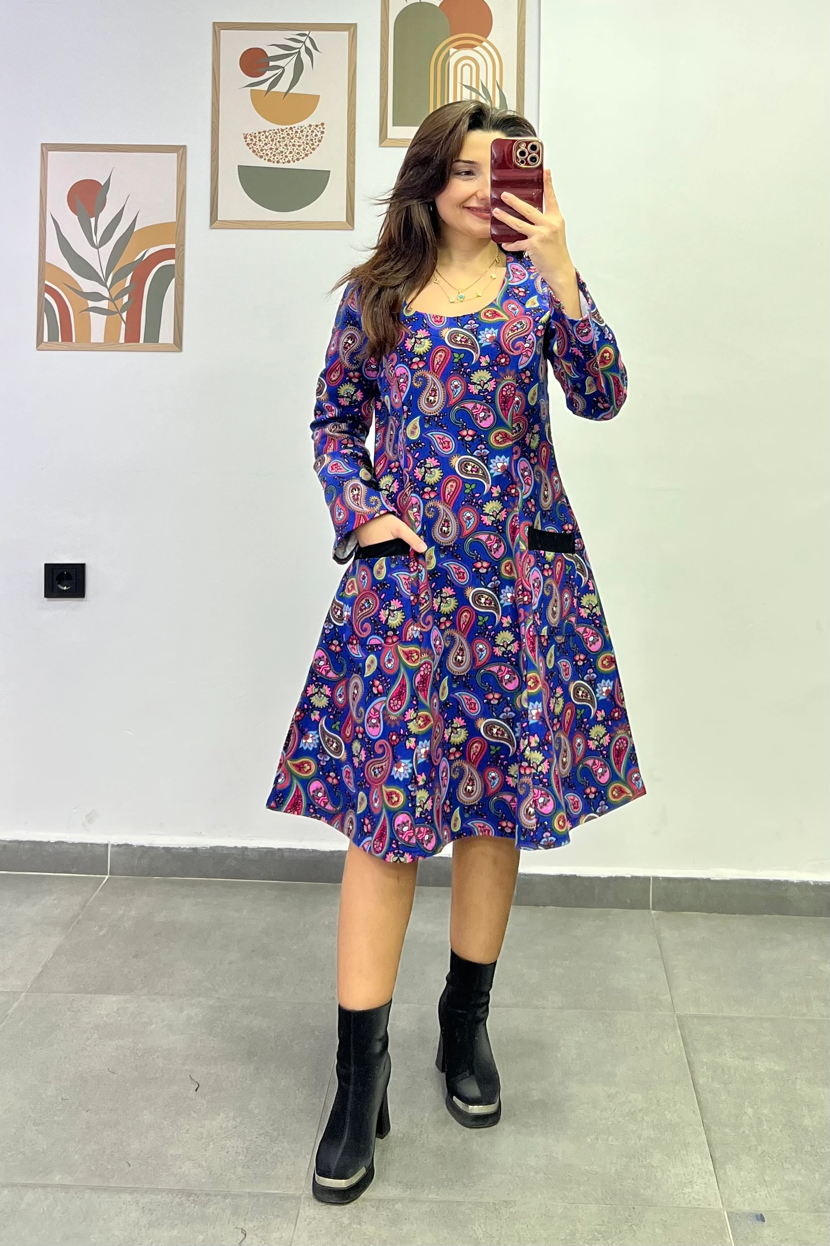 Oval Yaka Yanları Cep Detaylı Pazen Kumaş Çan Ebise - SAKS PEMBE