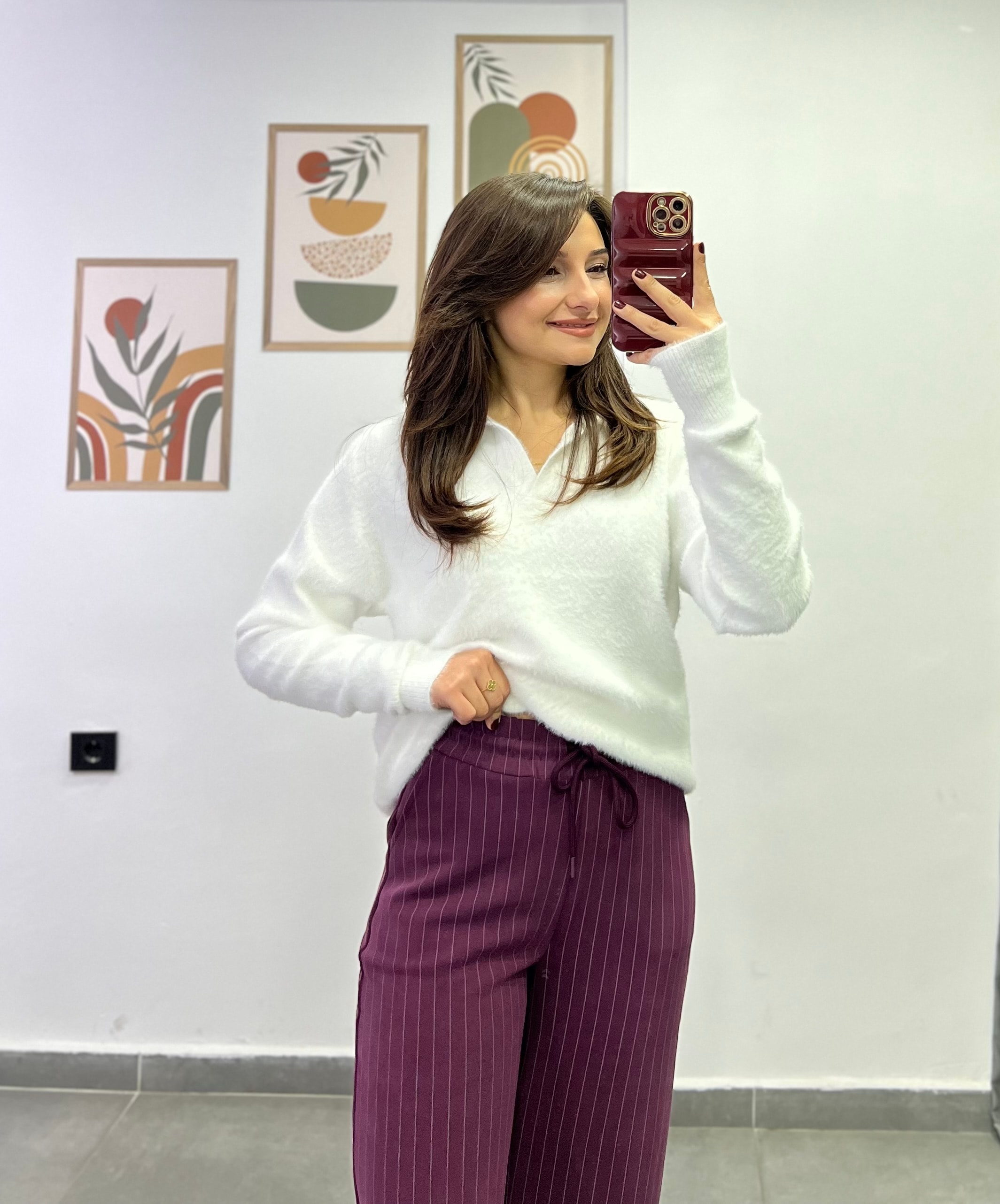 Beli Lastikli Cep Detaylı Çizgili Modal Kumaş Pantolon - BORDO