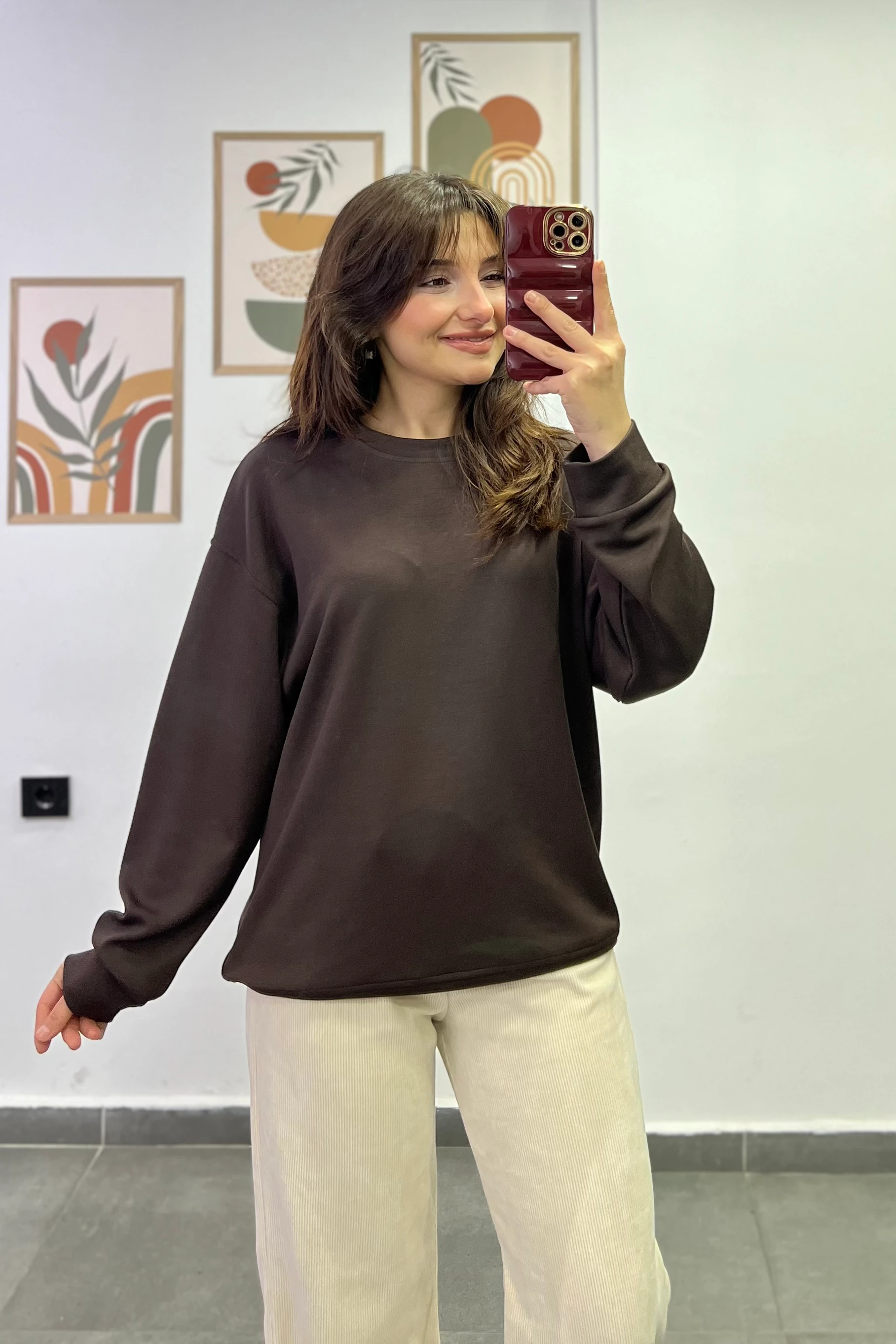 Sotf Touch Düz Basic Sweatshırt - KAHVERENGİ