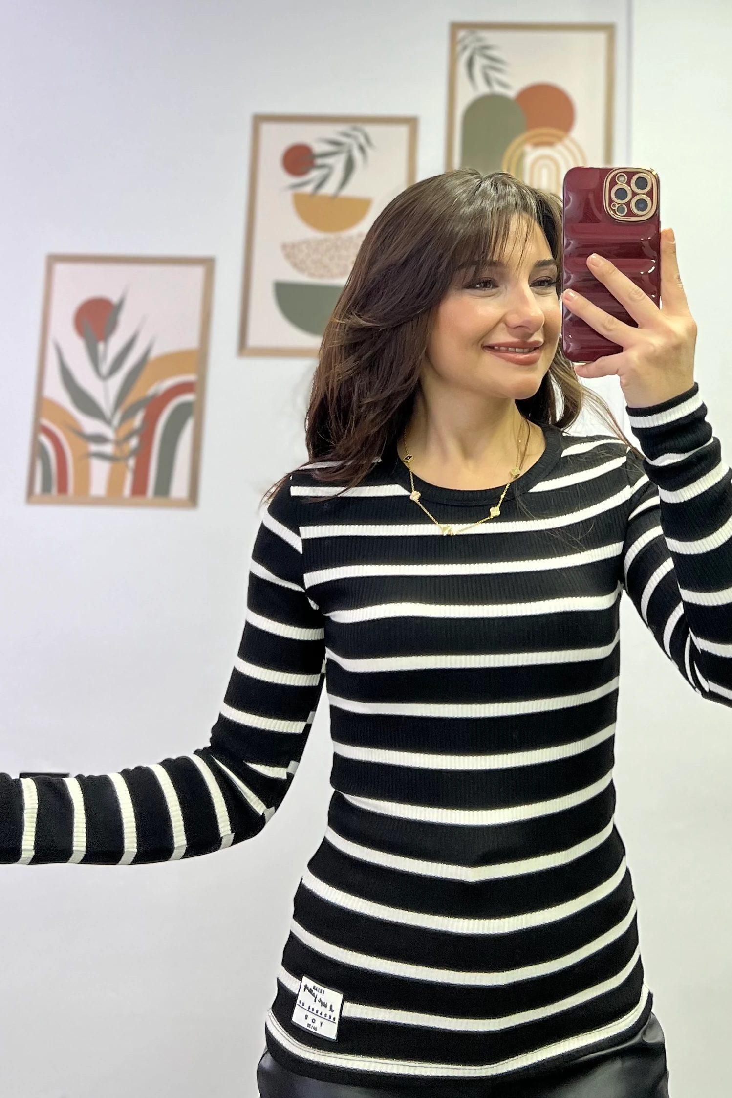 Bisiklet Yaka Beyaz Çizgili Fitilli Kumaş Bluz - Siyah