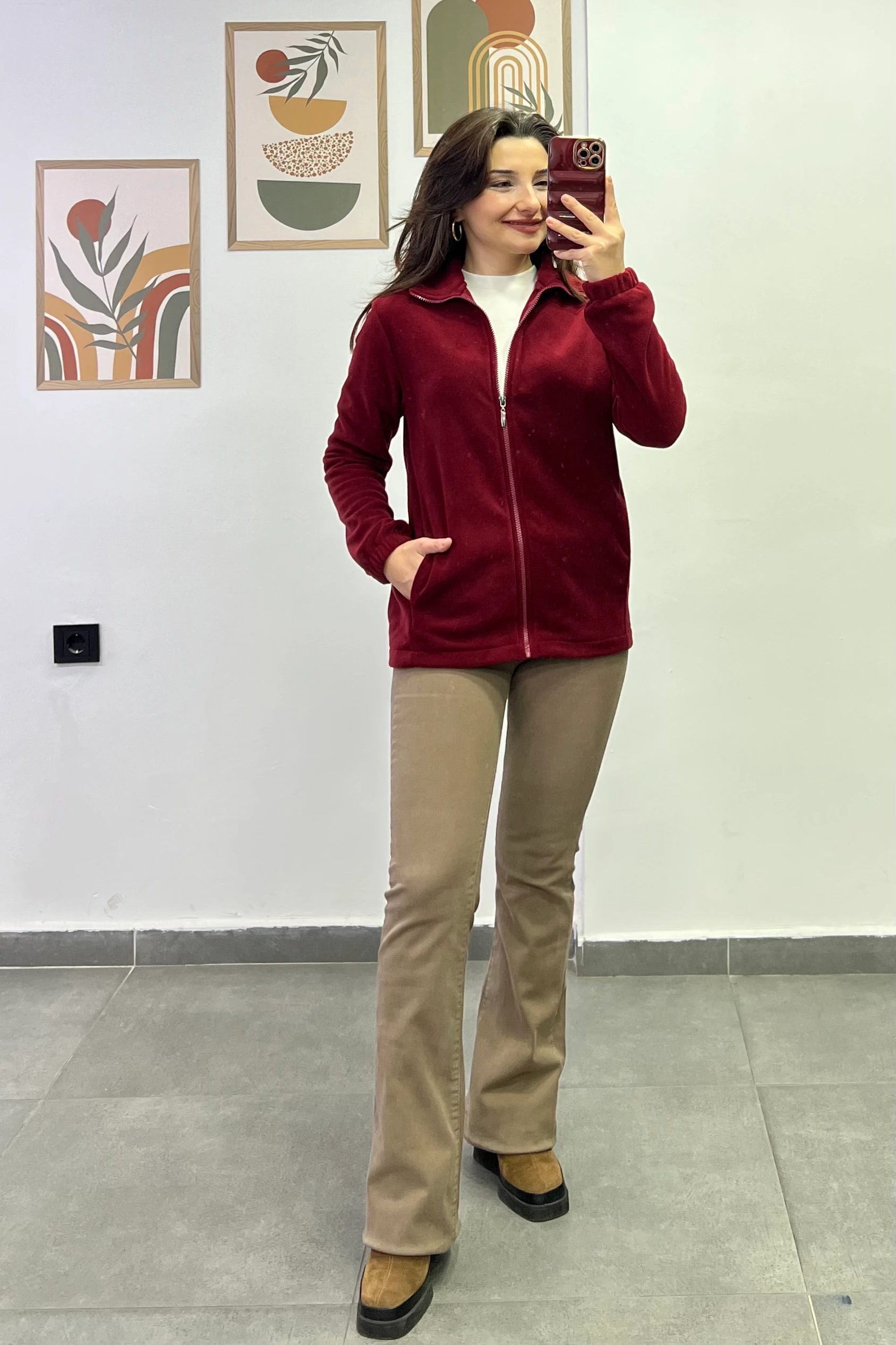 Kol Manşetleri Lastikli Fermuar Detaylı Cepli Polar Ceket - BORDO