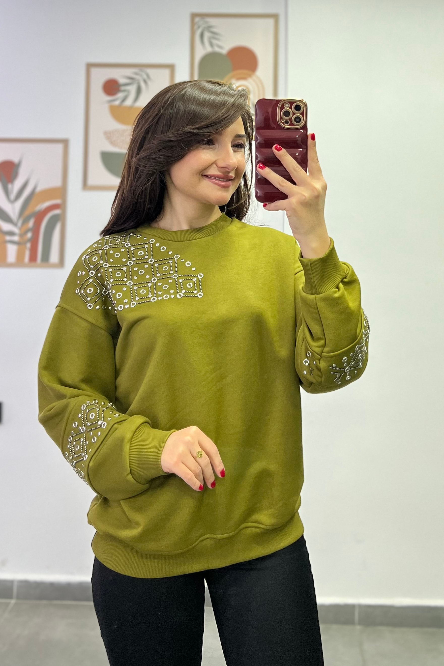 Tek Omuzu Ve Kolları Zımba Ve Boncuk Detaylı İki İplik Sweatshırt