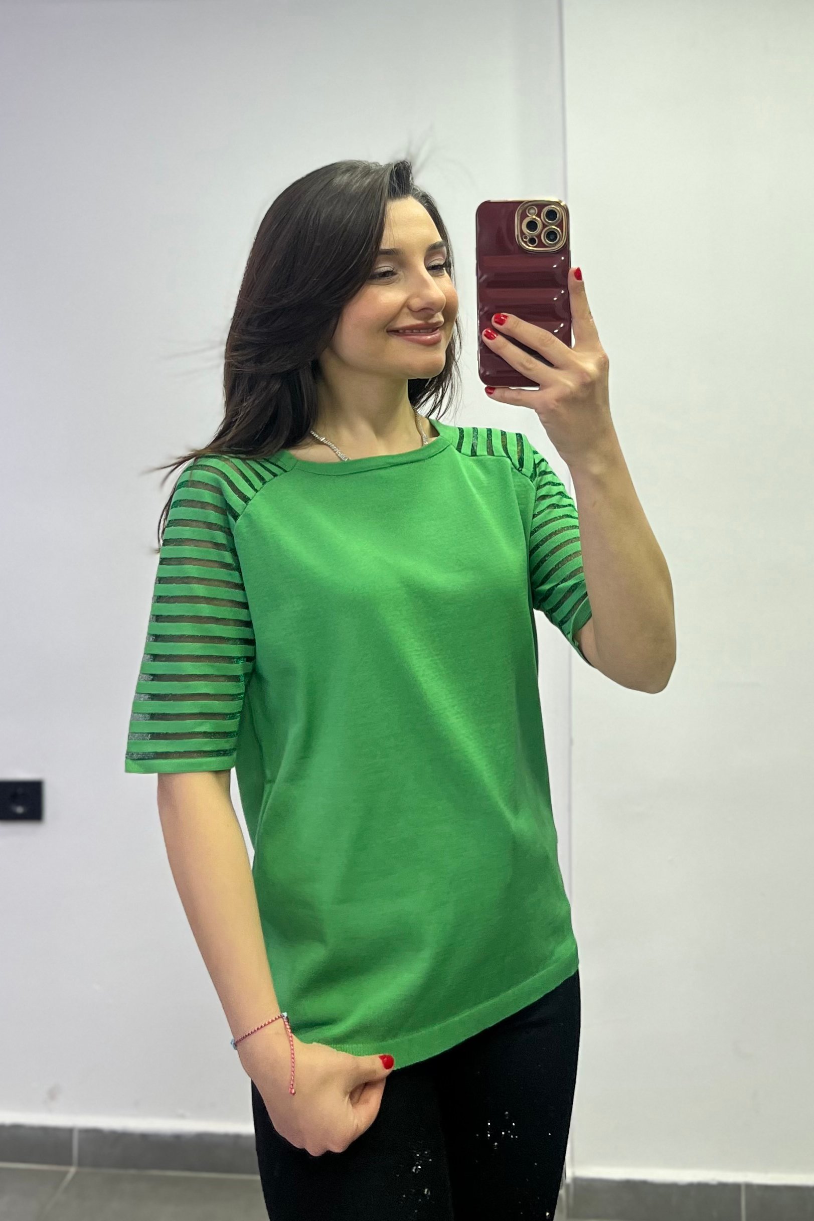 Kolları Simli Tül Detaylı Triko - YESIL