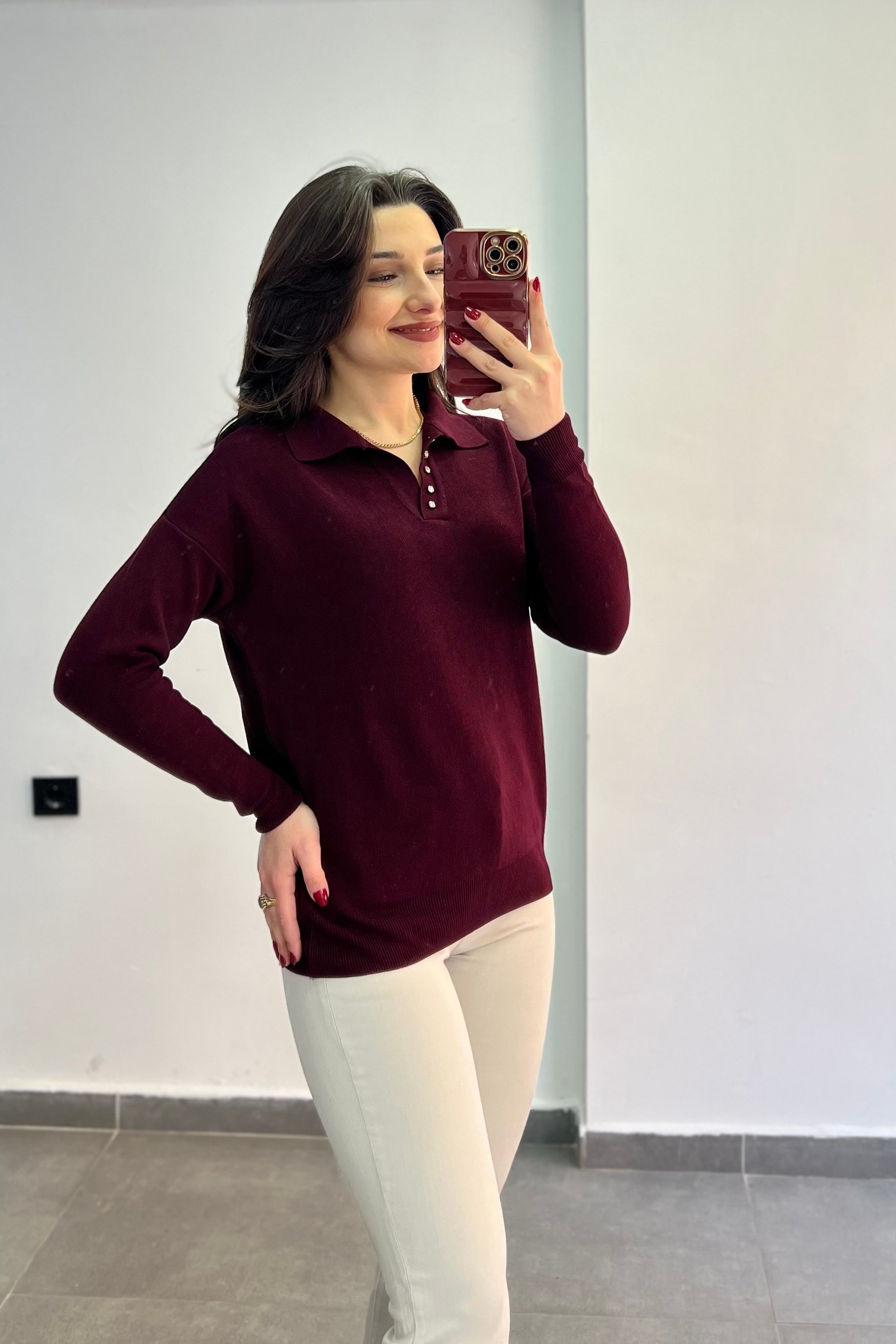 Polo Yaka Yakası Taş Zımba Detaylı Triko - BORD