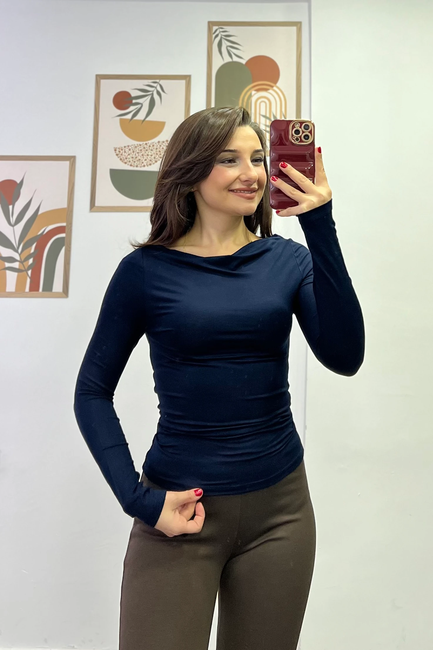 Kayık Yaka Yanları Drapeli Uzun Kollu Bluz - LACİVERT