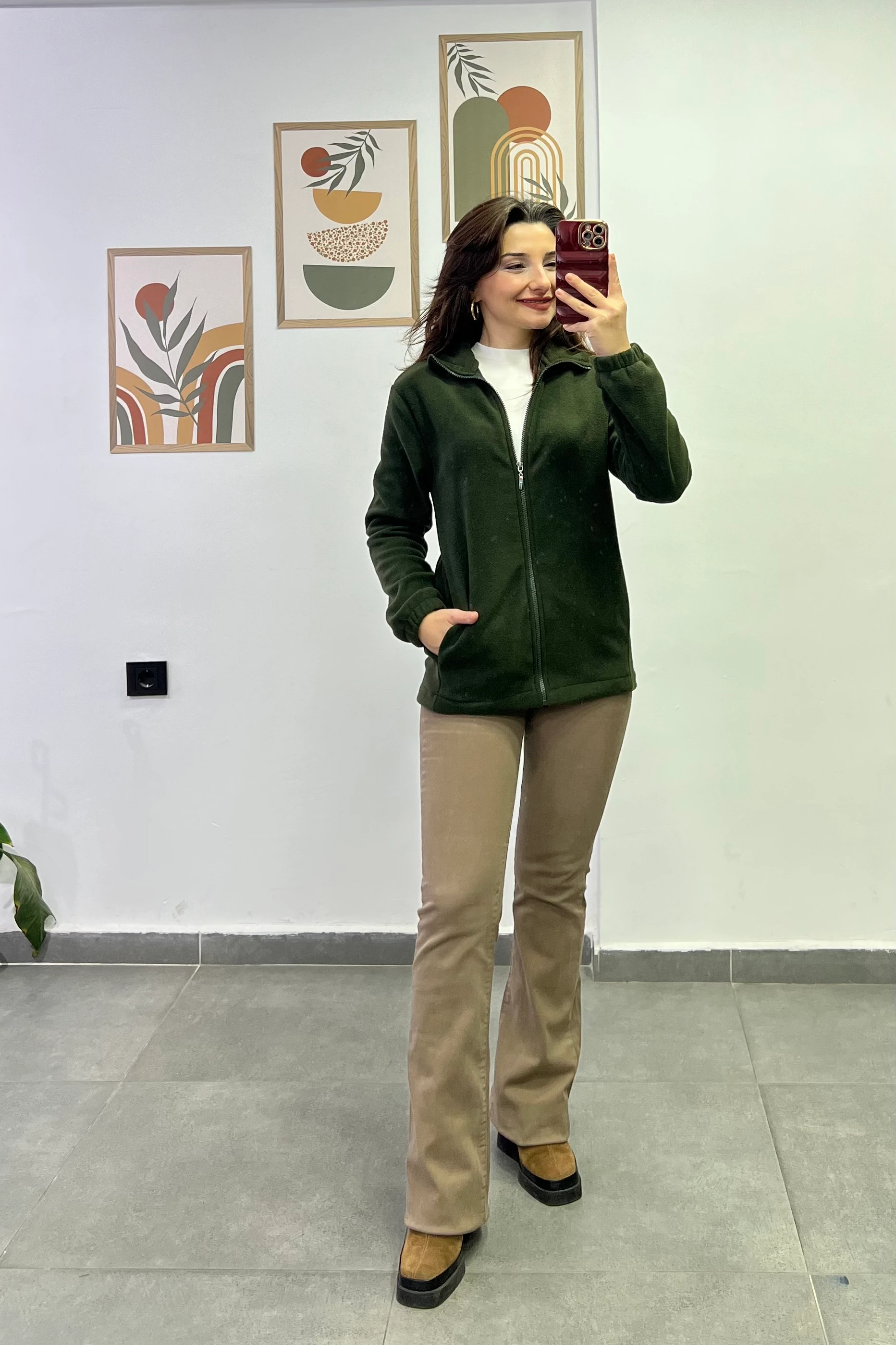 Kol Manşetleri Lastikli Fermuar Detaylı Cepli Polar Ceket - Haki