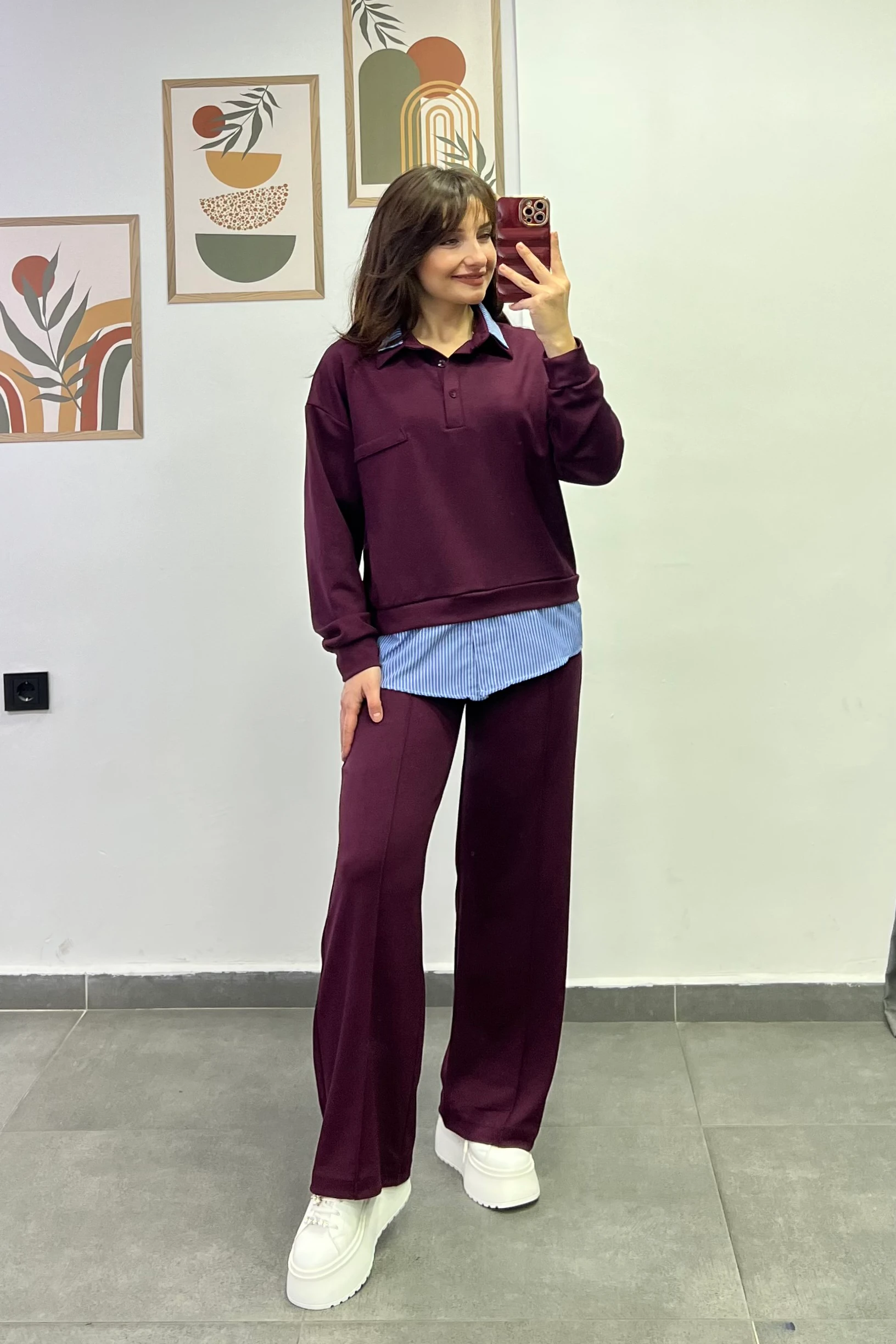 Polo Yaka Yakası Ve Bel Kısmı Gömlek Detaylı Pantolonu Cepli Ve Çima Dikişli Eşofman Takımı - BORDO