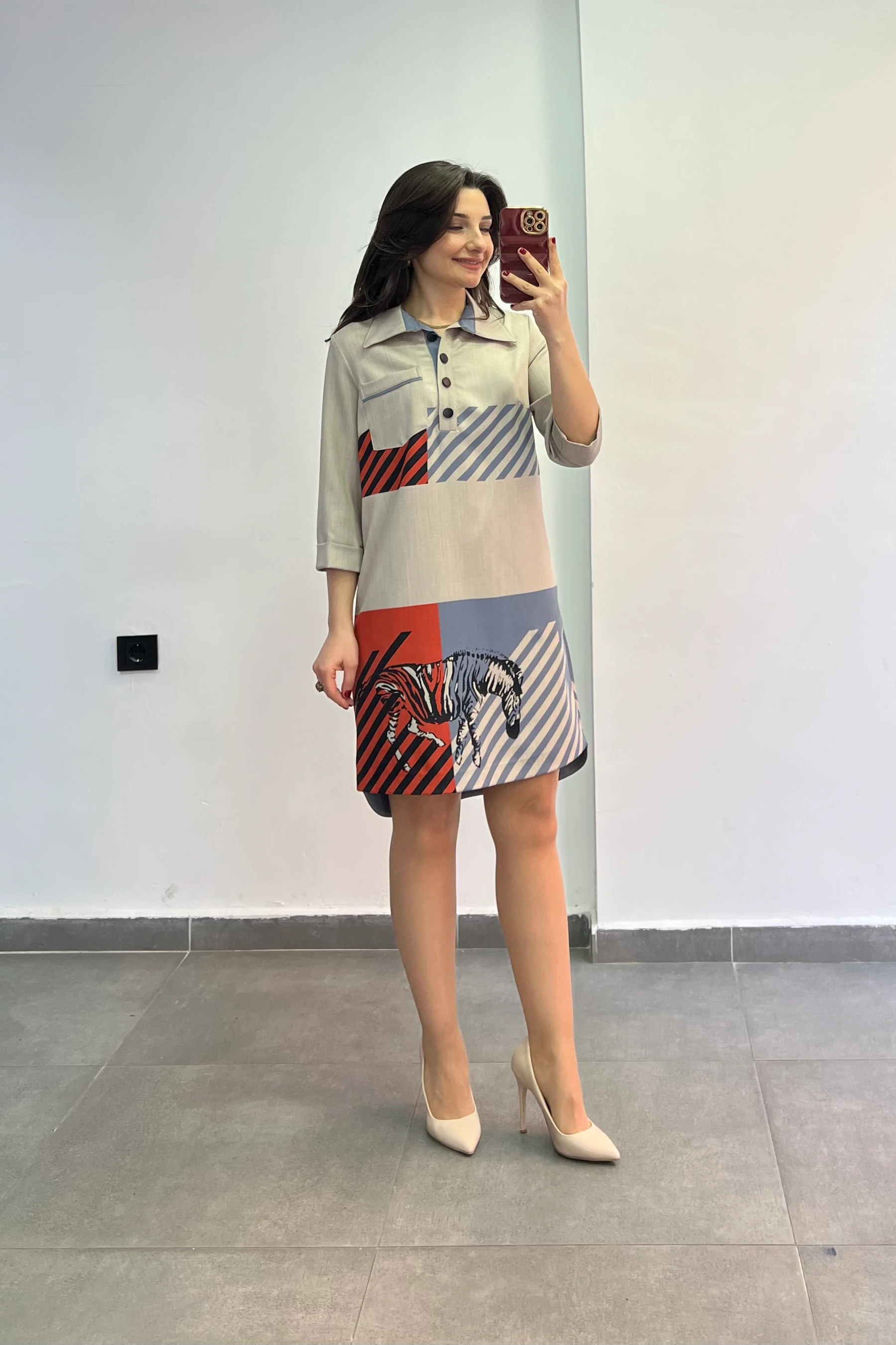 Polo Yaka Çizgili Şerit Zebra Desenli Tek Posta Cep Truvakar Kol Elbise