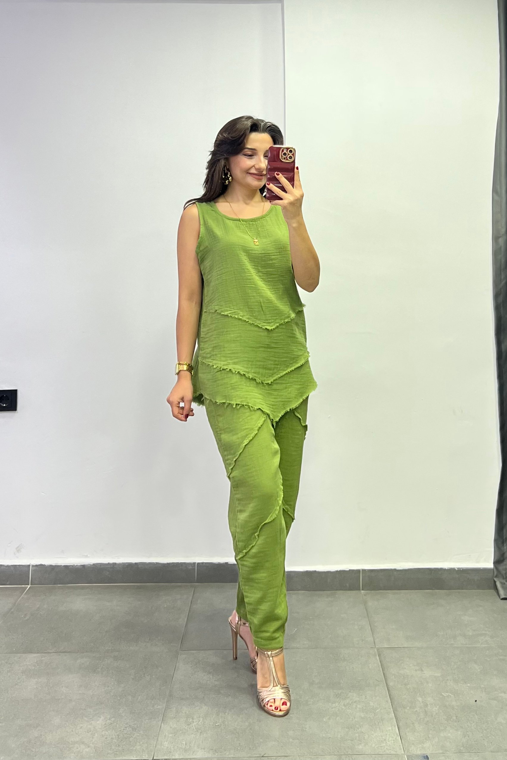 Beli Lastikli Cep Ve Dikiş Detaylı Müslin Kumaş Pantolon - MAVİ