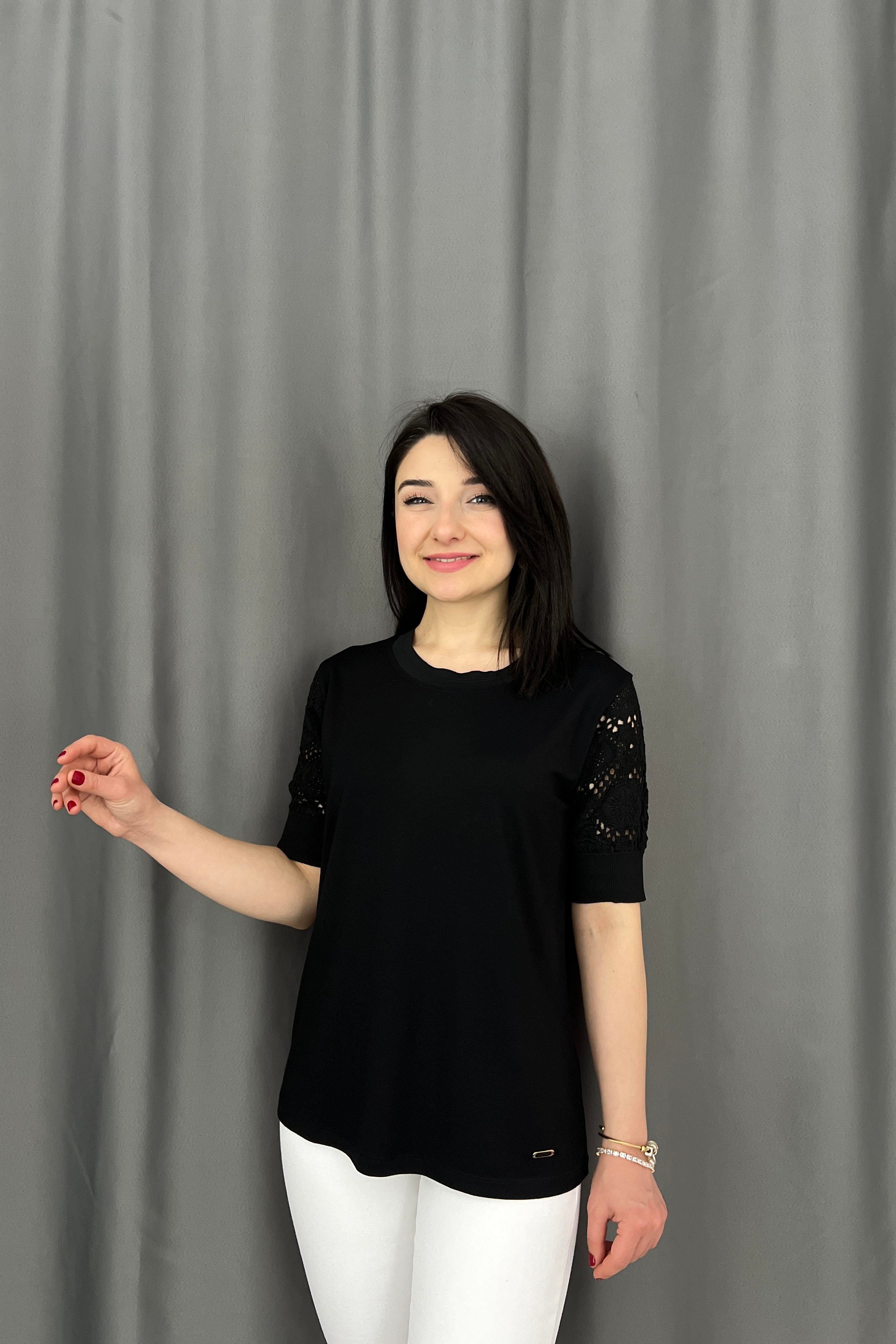Kolları Triko Detaylı Penye Bluz Siyah