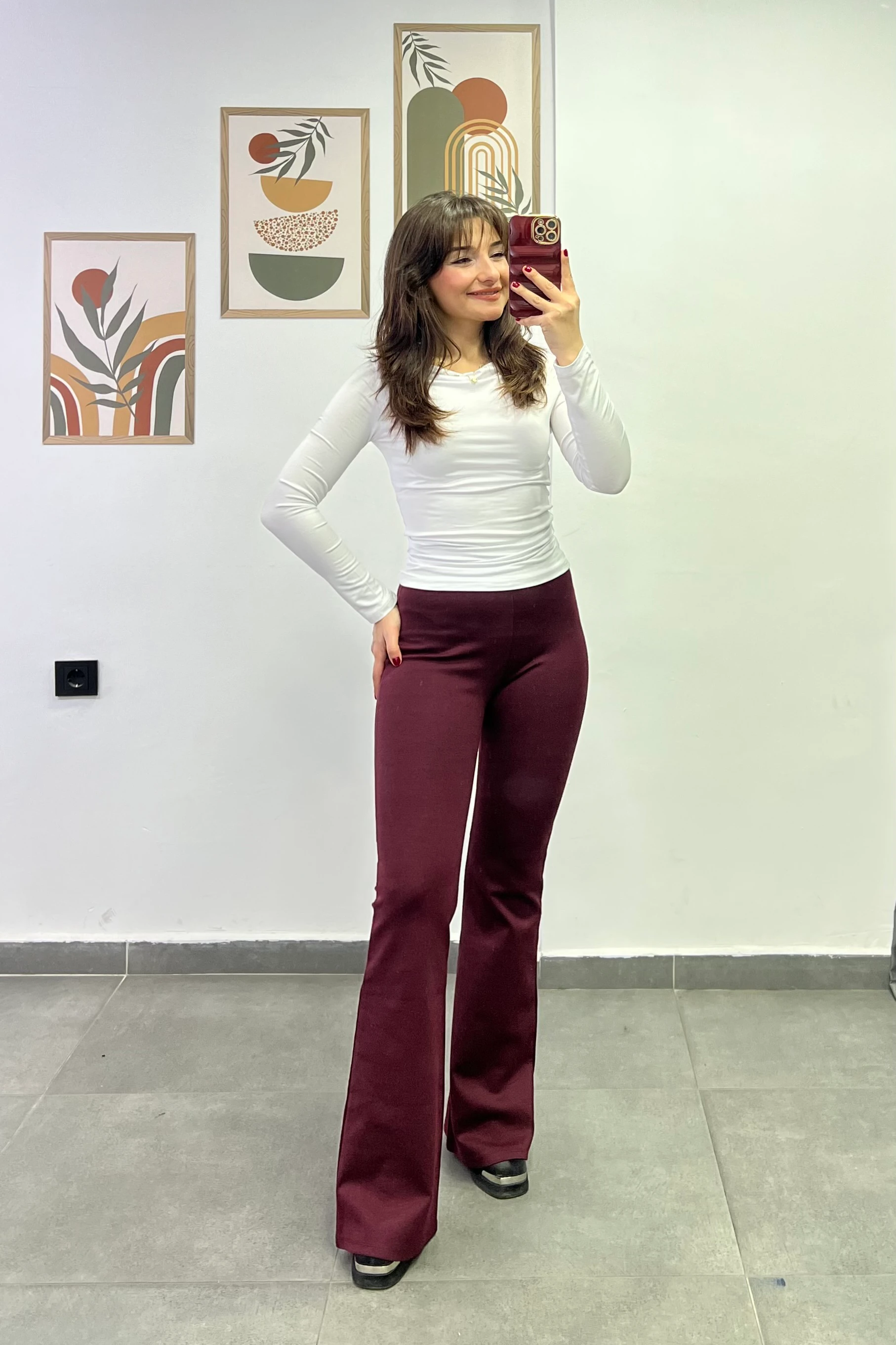 Yüksek Bel Çelik Örme İspanyol Paça  Tayt Pantolon - BORDO