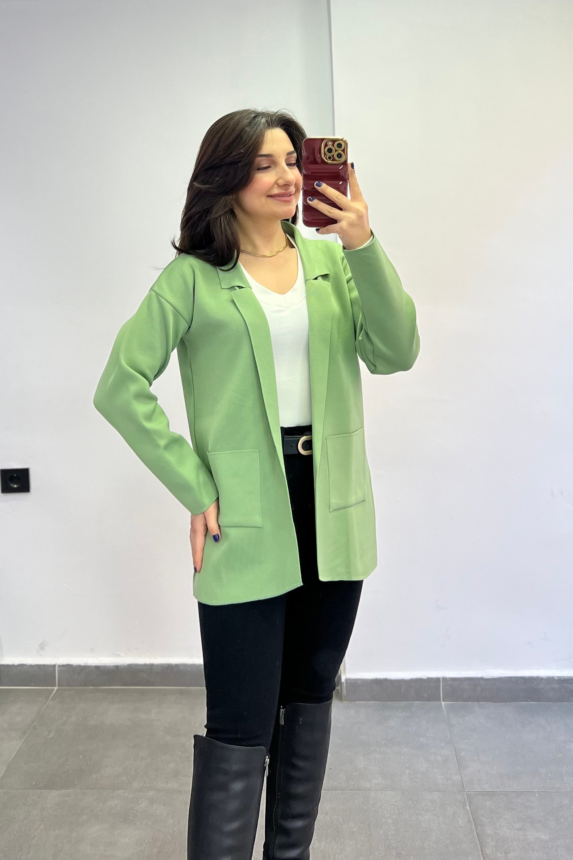 Gömlek Yaka Yanları Cepli Çelik Triko Hırka - YESIL