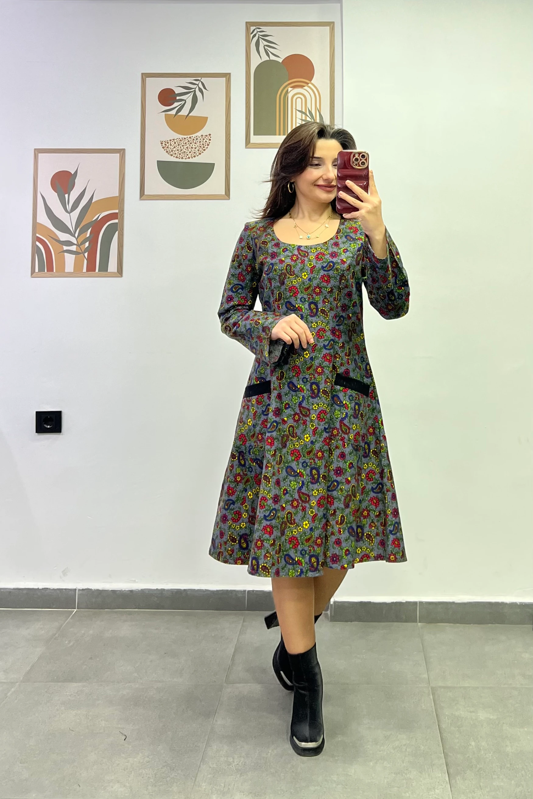 Oval Yaka Yanları Cep Detaylı Pazen Kumaş Çan Ebise - ANTRASIT