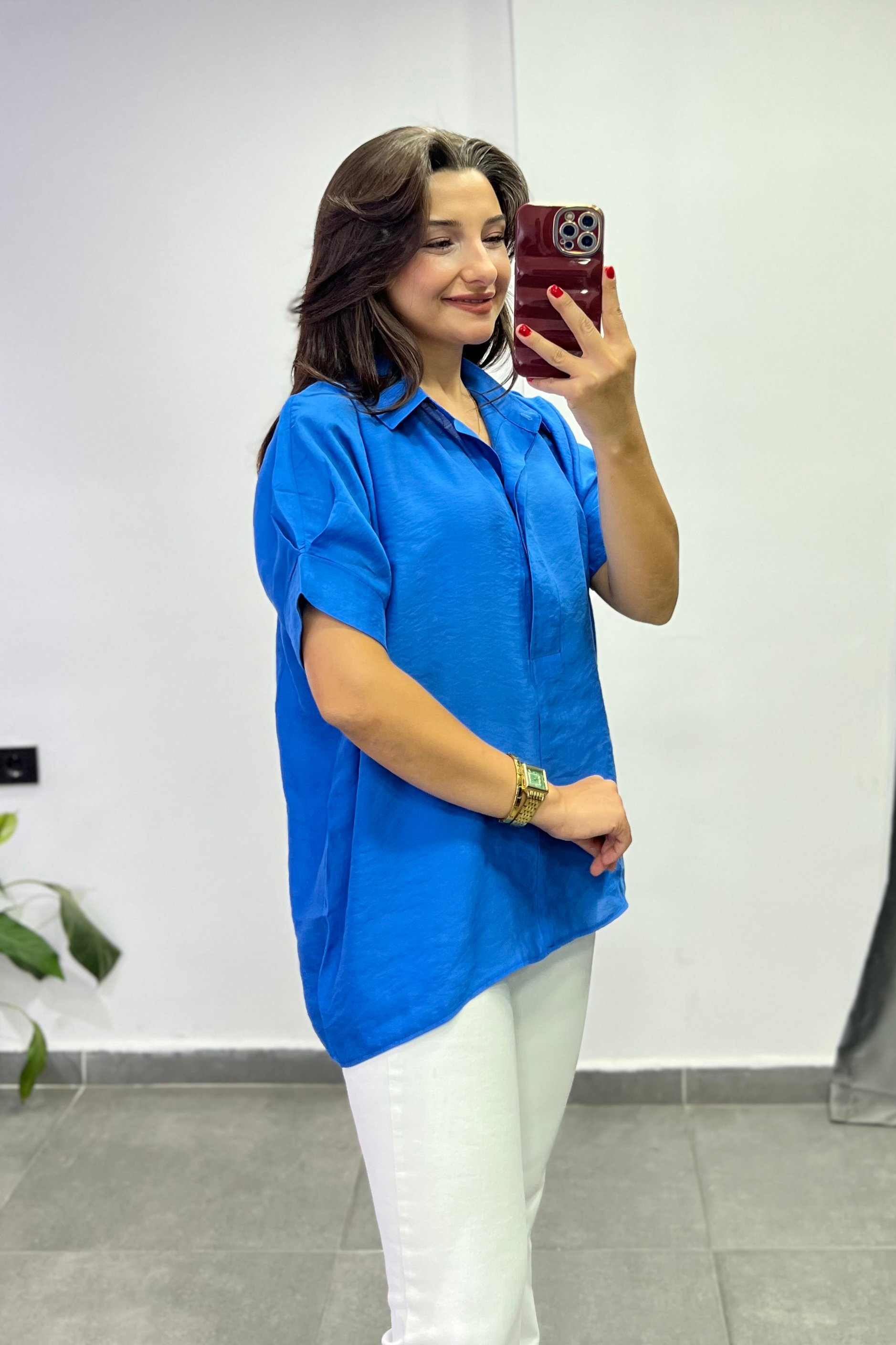 Kolu Pens Detaylı Sırtı Düğmeli Bluz - SAKS MAVİSİ