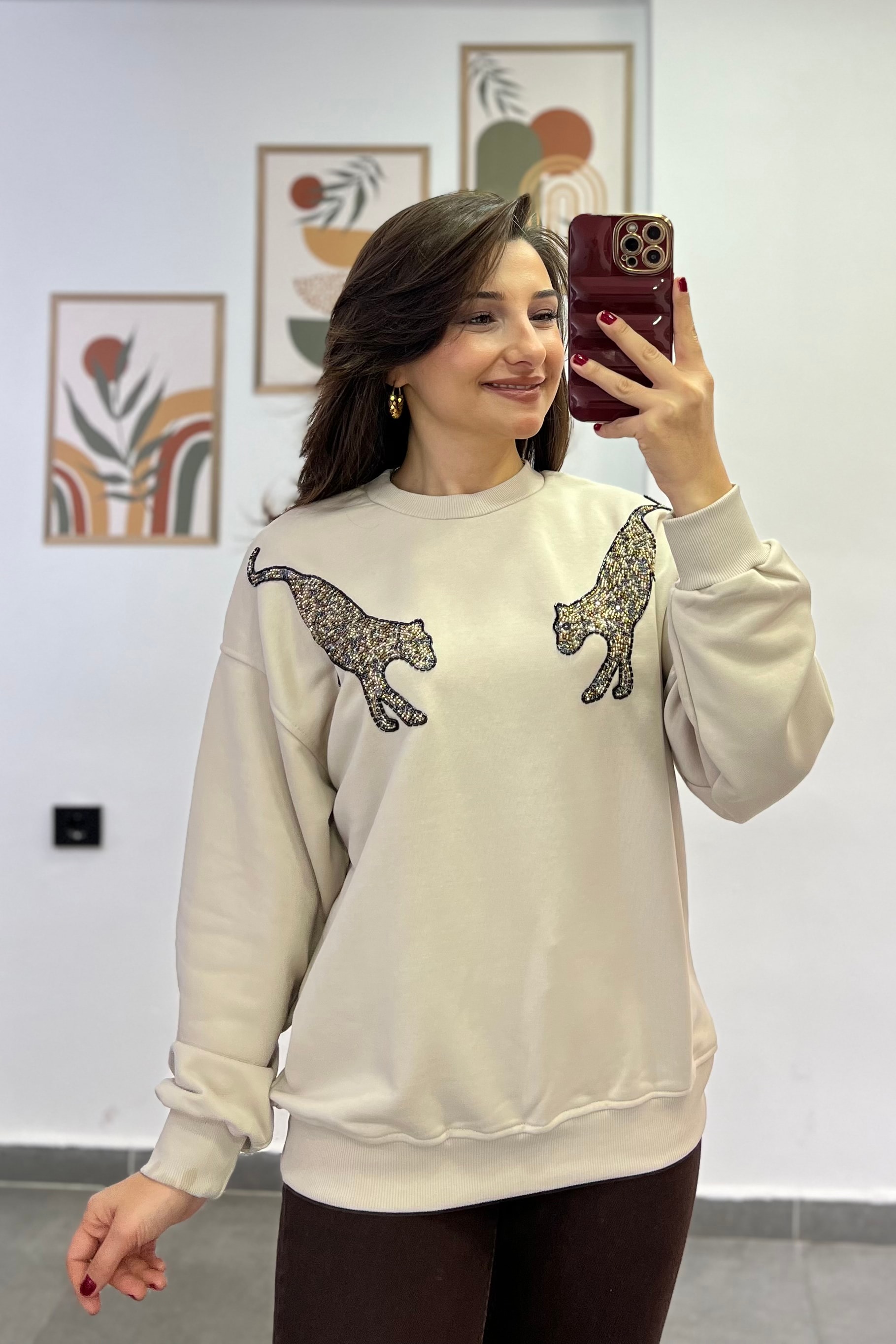 İki  Ön Göğüs Kısmı Leopar Boncuk İşlemeli Sweatshırt