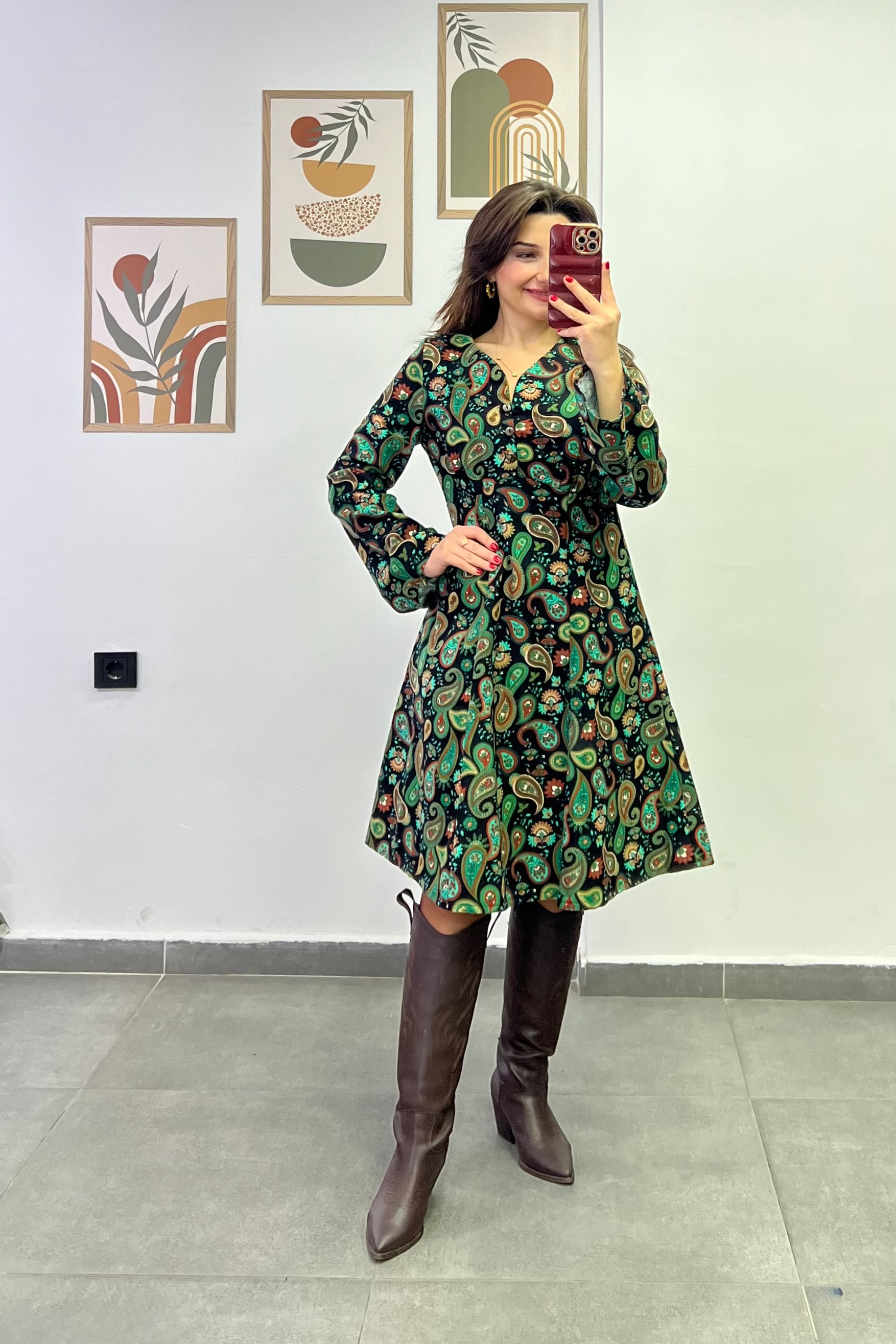 Damla Yaka Düğme Detaylı Pazen  Kumaş Çan Elbise - YEŞİL SİYAH