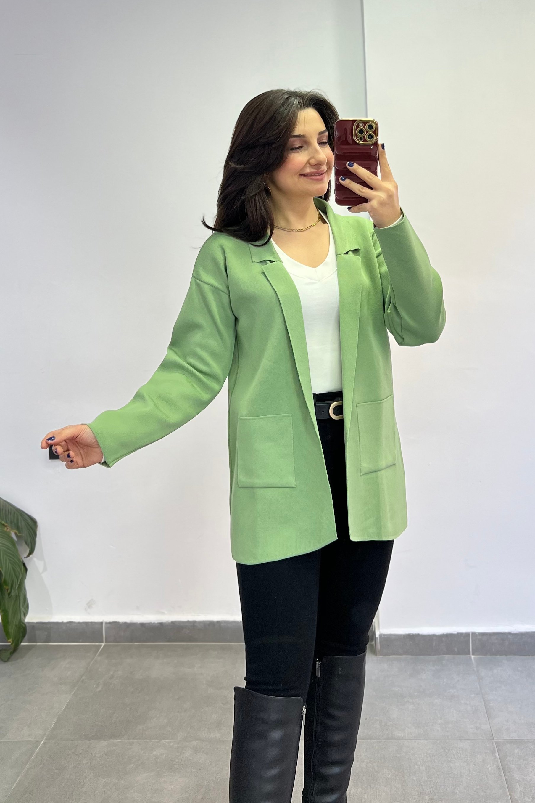 Gömlek Yaka Yanları Cepli Çelik Triko Hırka - YESIL