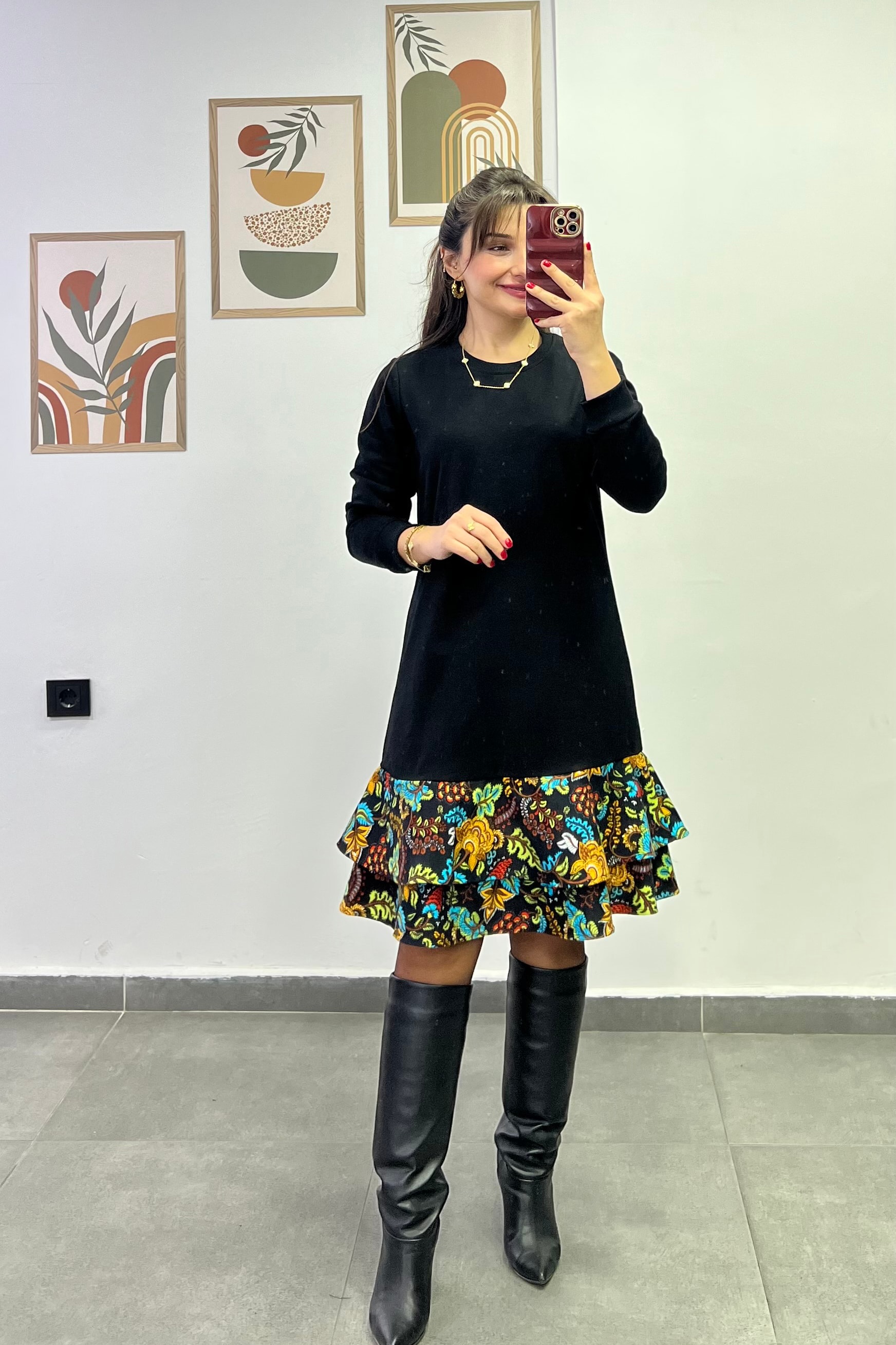 Etek Ucu Fırfırlı Pazen İki İpil Pamuk Elbise