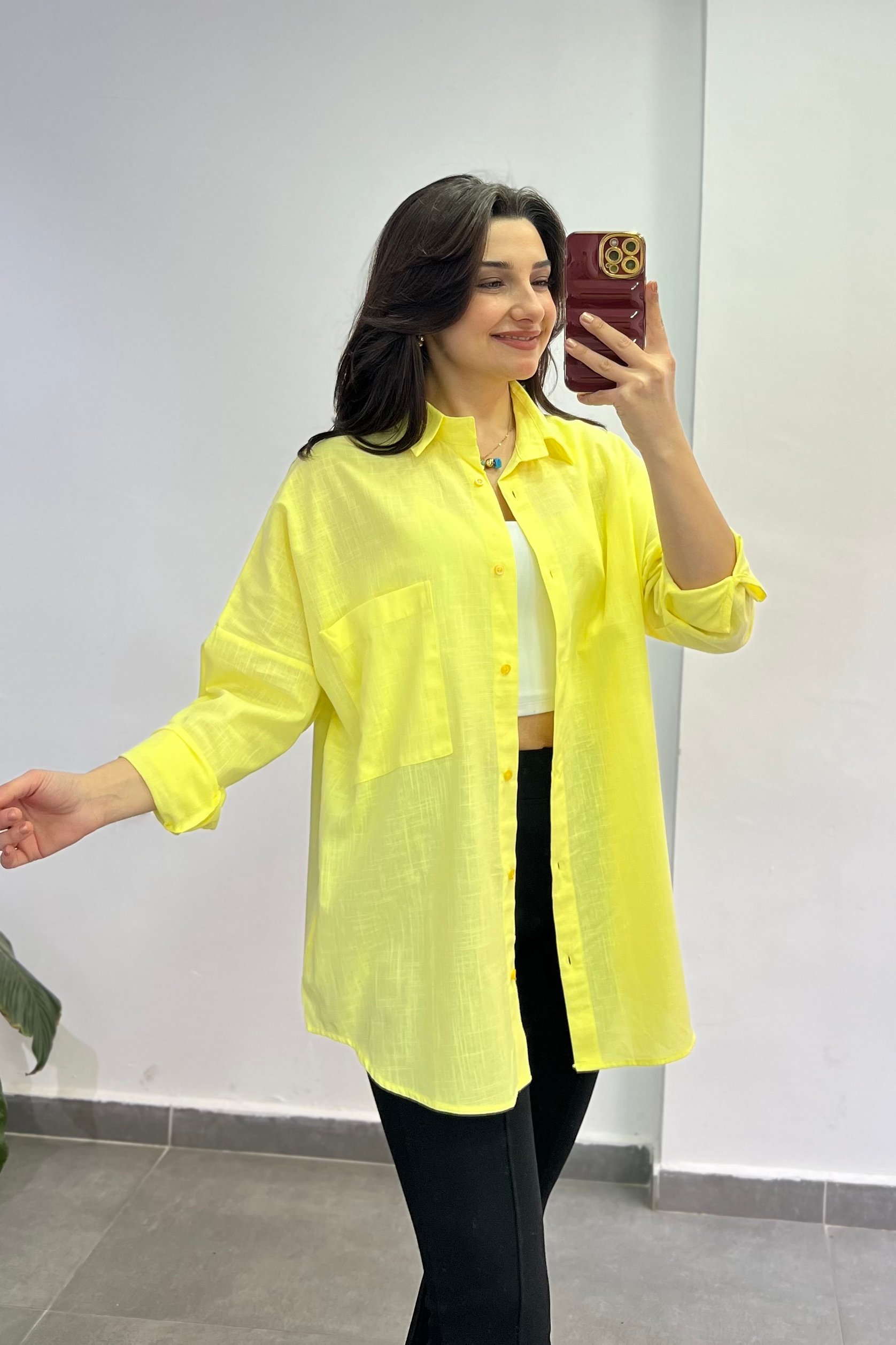 Keten Tek Cep Oversize Gömlek